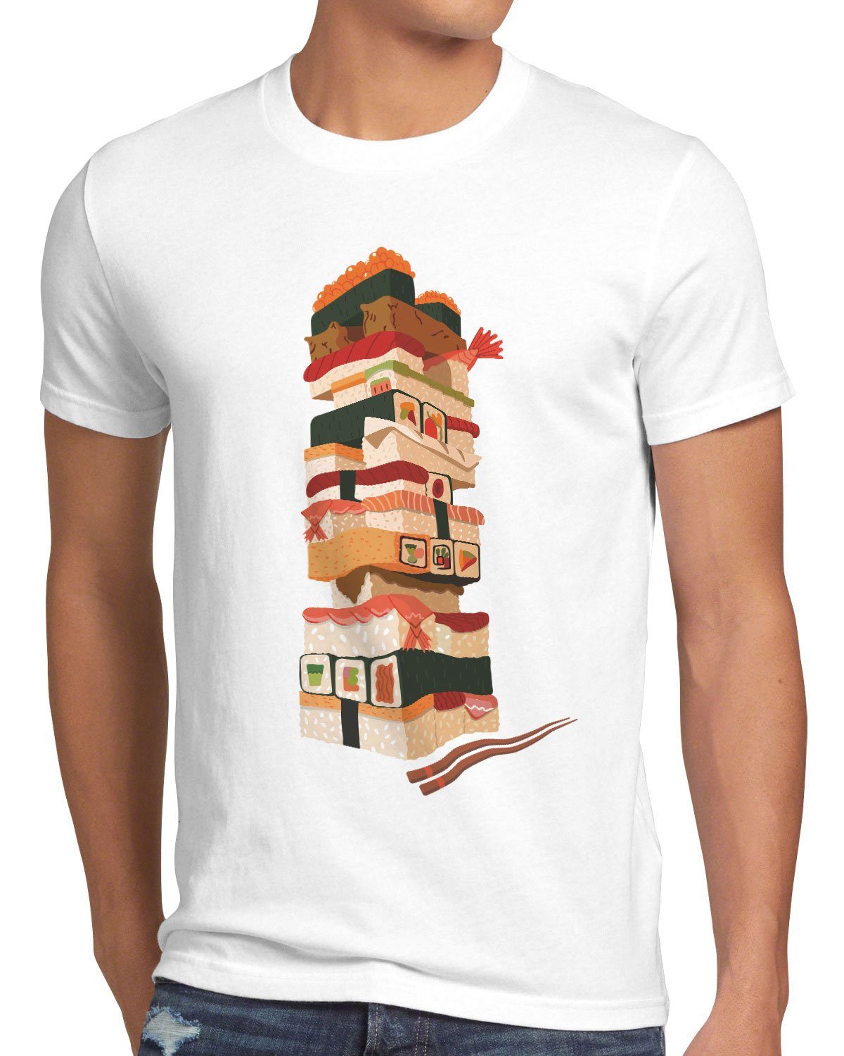 style3 Print-Shirt Herren T-Shirt Sushi Tower japan japanisch spiel weiß