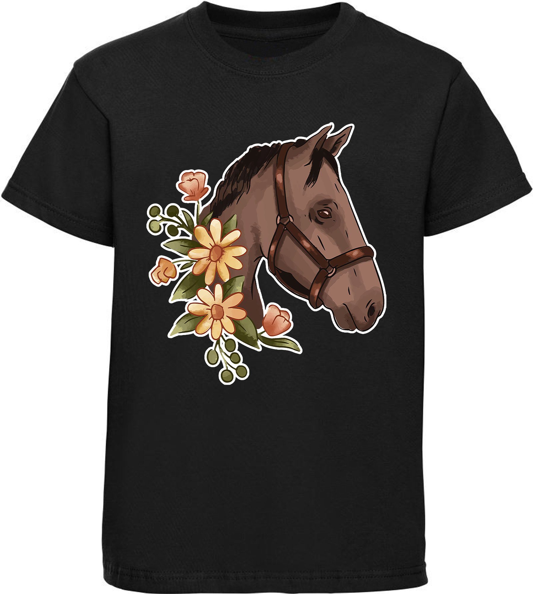 MyDesign24 Print-Shirt bedrucktes Mädchen T-Shirt - Dunkelbrauner Pferdekopf mit Blumen Baumwollshirt mit Aufdruck, i180 schwarz