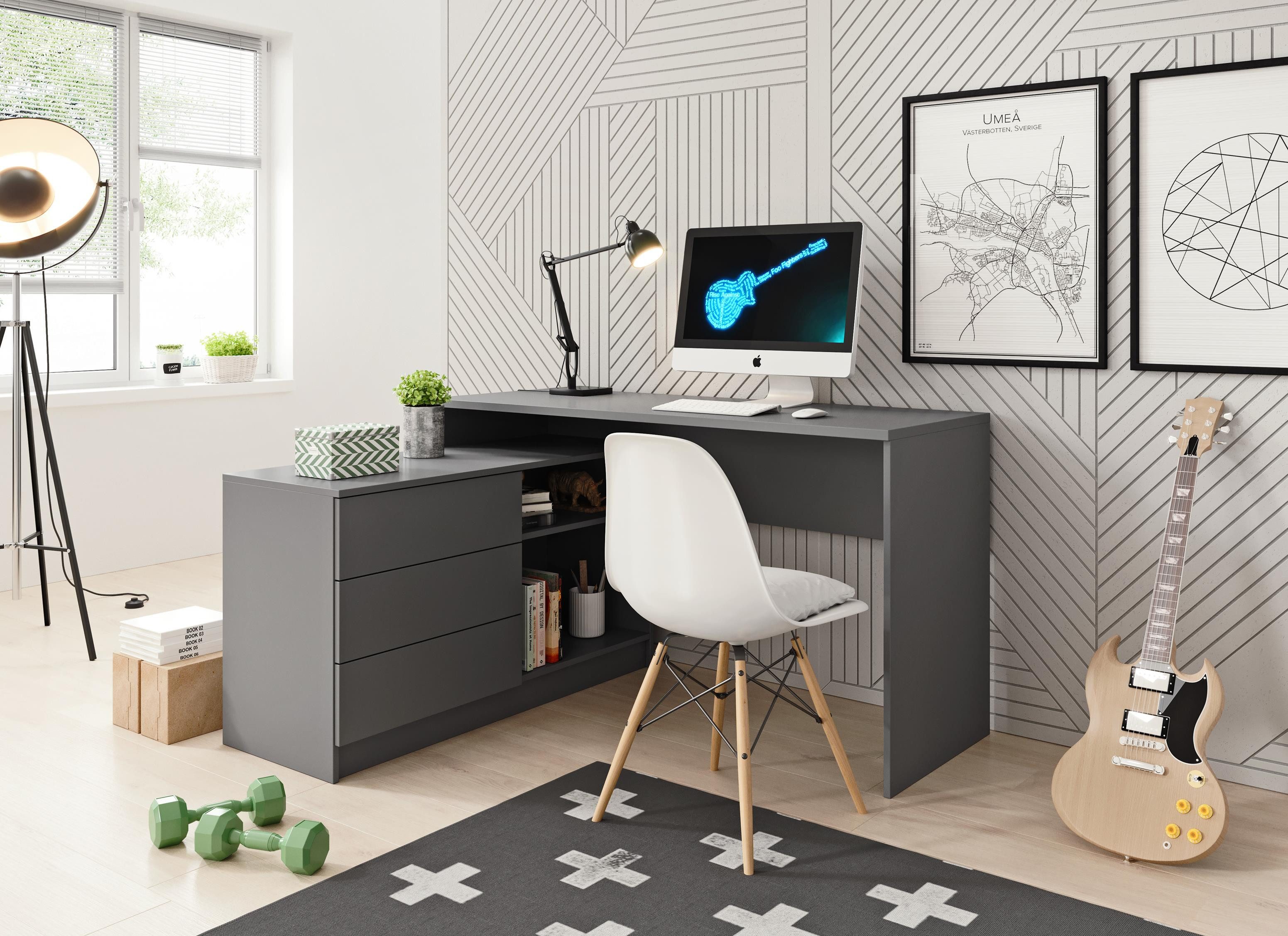 Furnix Schreibtisch TENNY PC-Tisch mit Kommode (3 Schubladen und 2 Ablagen) Weiß, variabel planbar, viel Stauraum, Design & Funktionalität