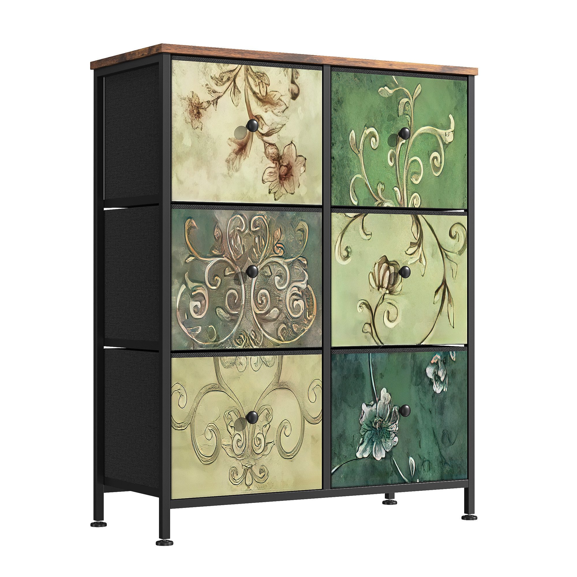 FUROKOY Kommode Stauraumschrank,Schrank Schlafzimmer,Metallrahmen,Retro Stil, Blumenmuster,6 Schubladen