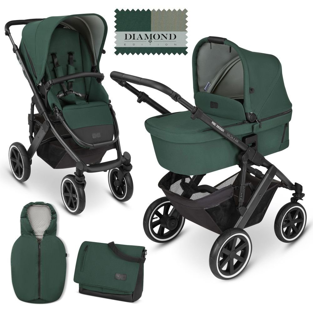 ABC Design Kombi-Kinderwagen Salsa 4 Air - Diamond Edition - Basil,  (5-tlg), 2in1 Set mit Lufträdern, Babywanne, Sportsitz, Fußsack,  Wickeltasche