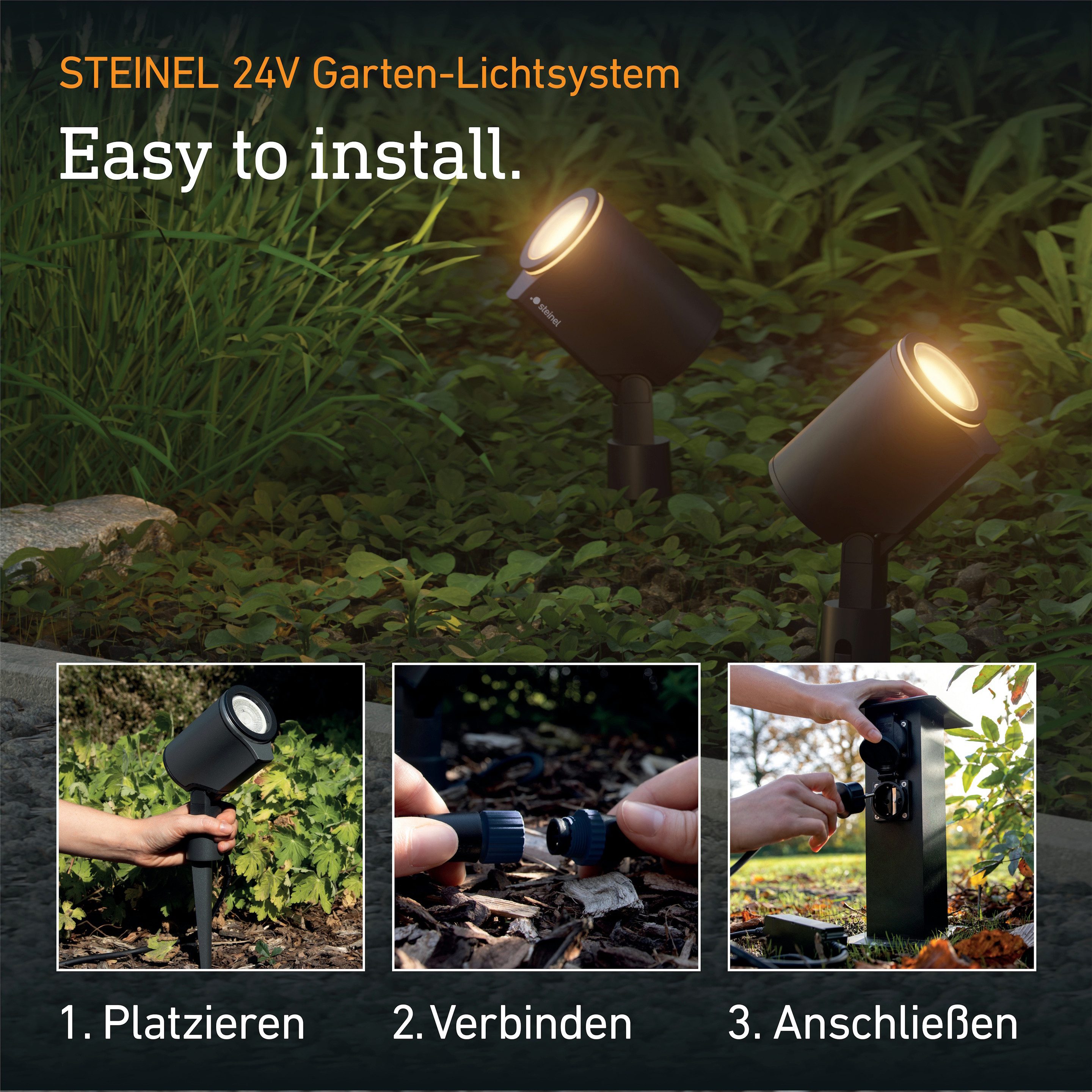 steinel Gartenstrahler Spot Garden 24 V, Starter-Set inkl. Netzteil, Kabel, T-Connector, LED fest integriert, 16 Mio. Farben, RGBWW, Dämmerungssensor, dimmbar, Zeitschaltuhr, Plug & Play