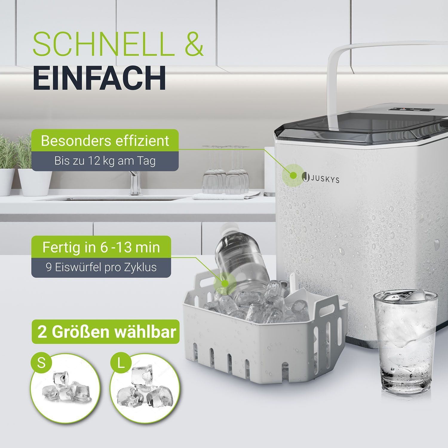 Juskys Eiswürfelmaschine IceOracle, 2 Größen, bis zu 12 kg pro Tag; mit Selbstreinigungsfunktion