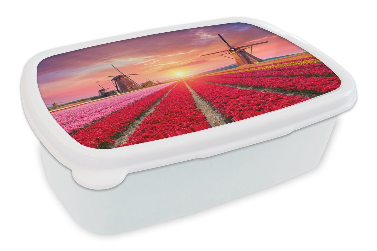 Sonnenuntergang Brotdose, Brotbox (2-tlg), Erwachsene, für Kinder für Blumen Windmühle Lunchbox - MuchoWow und Kunststoff, weiß Jungs - Tulpen Mädchen und Rosa, - -
