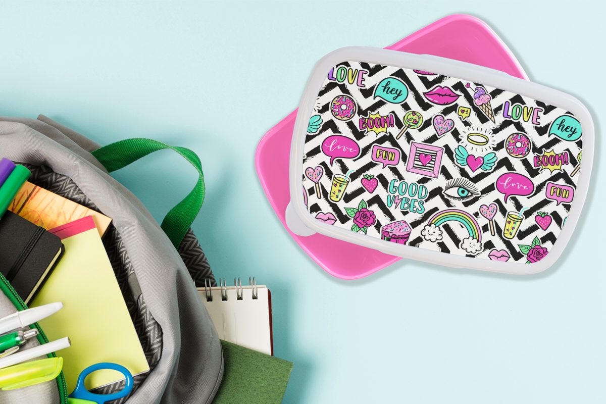 Lunchbox Muster Vektor rosa Mädchen, Kinder, (2-tlg), für Brotbox Kunststoff Jahre Erwachsene, MuchoWow Brotdose Kunststoff, Jahre, - Aufkleber - 80er - Snackbox,