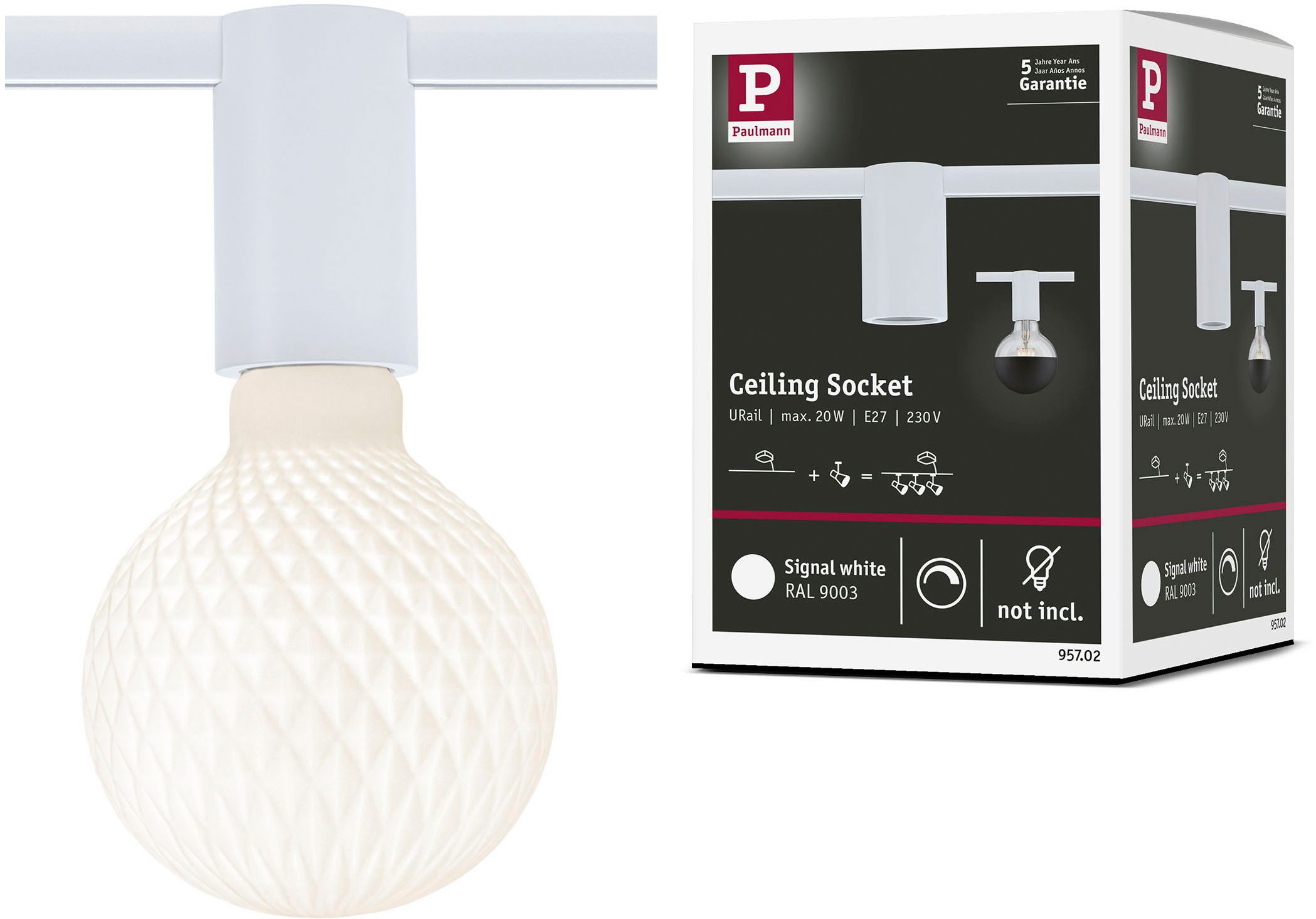 Paulmann Schienensystem-Leuchten URail Schienenspot Socket E27 max. 20W dimmbar 230V Signalweiß, ohne Leuchtmittel