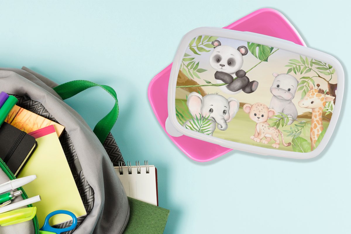Kunststoff, Dschungeltiere Kinder Brotdose - für Panda, Kunststoff Brotbox MuchoWow Lunchbox - (2-tlg), rosa Snackbox, Mädchen, Kinder, Erwachsene,