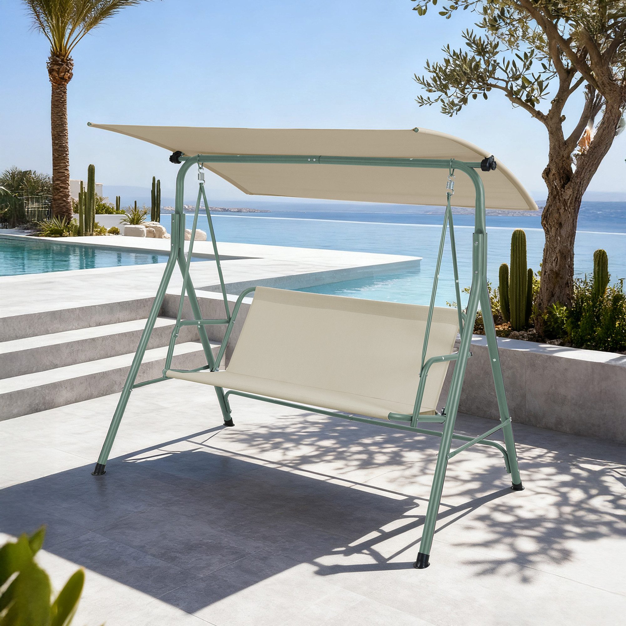 en.casa Hollywoodschaukel, 3-Sitzer, »Satten« 3-Sitzer mit Dach Stahlgestell 173x119x153 cm Hellgrün/Beige