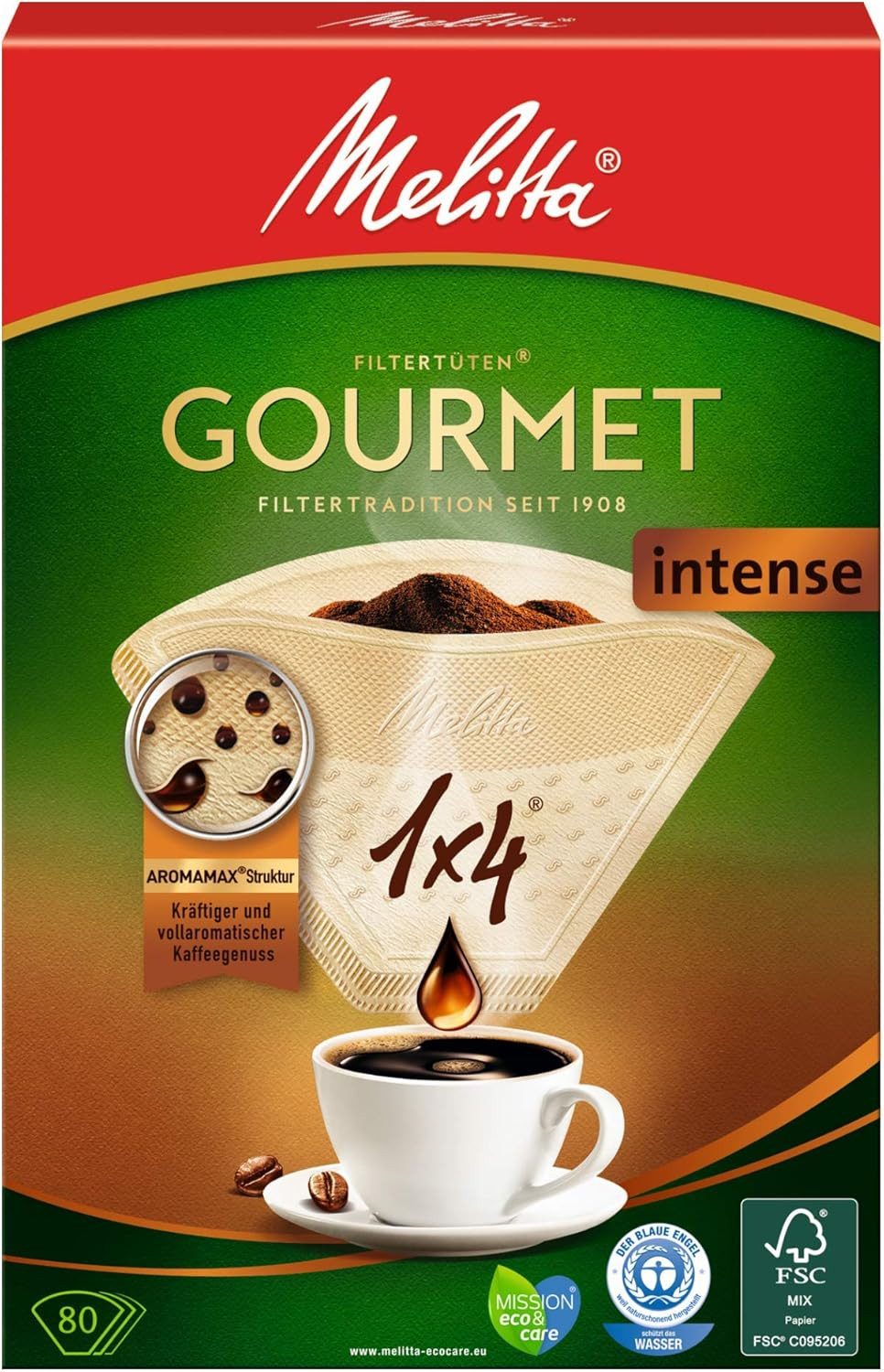 Melitta Papierfilter Melitta 1x4 Gourmet Filtertüten, Intense, Naturbraun (1 x 80 Stück), Aromamax Struktur