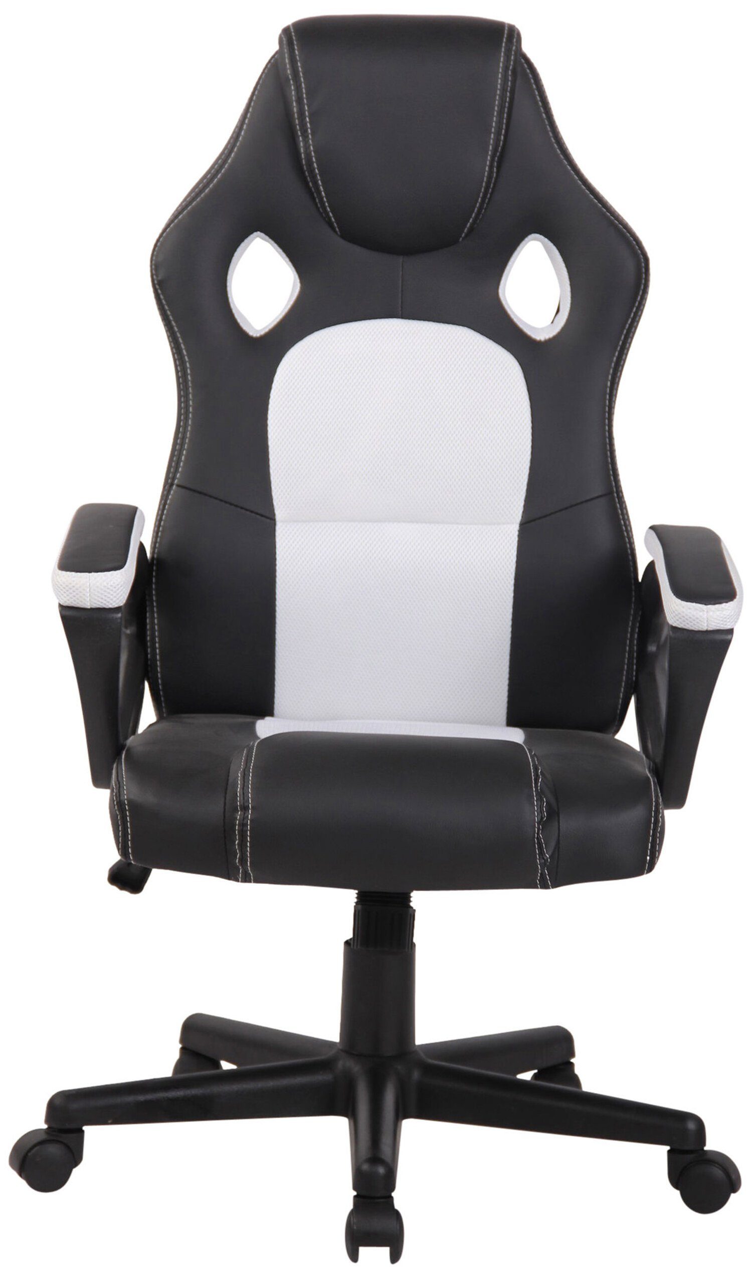 TPFLiving Gaming-Stuhl First mit bequemer - Rückenlehne Kunststoff und weiß höhenverstellbar Drehstuhl, (Schreibtischstuhl, schwarz - Gestell: Gamingstuhl, Sitzfläche: Racingstuhl, drehbar 360° Kunstleder Chefsessel)