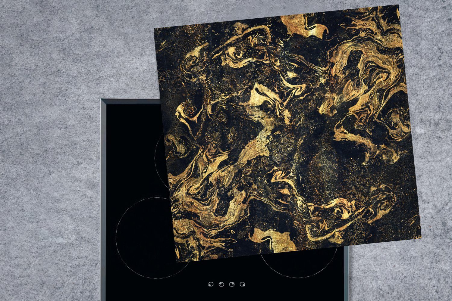 Herdblende-/Abdeckplatte Gold Natur, MuchoWow 78x78 von schwarzem (1 für Arbeitsplatte Nahaufnahme cm, tlg), mit küche Vinyl, Marmor Ceranfeldabdeckung,