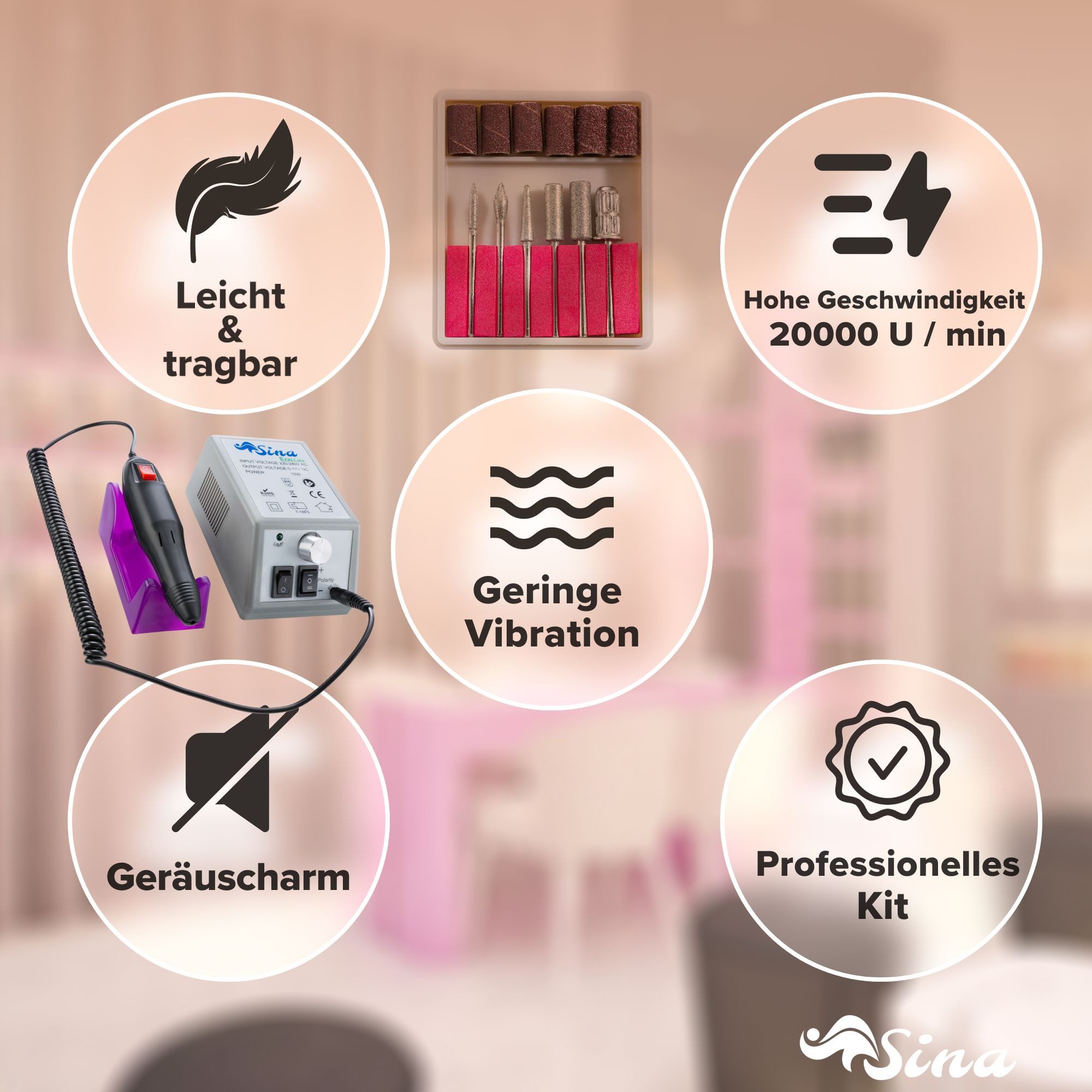 Sina Beauty-Multigerät 20.000 U/Min, geeignet für Gel, Acryl oder natürliche Nägel