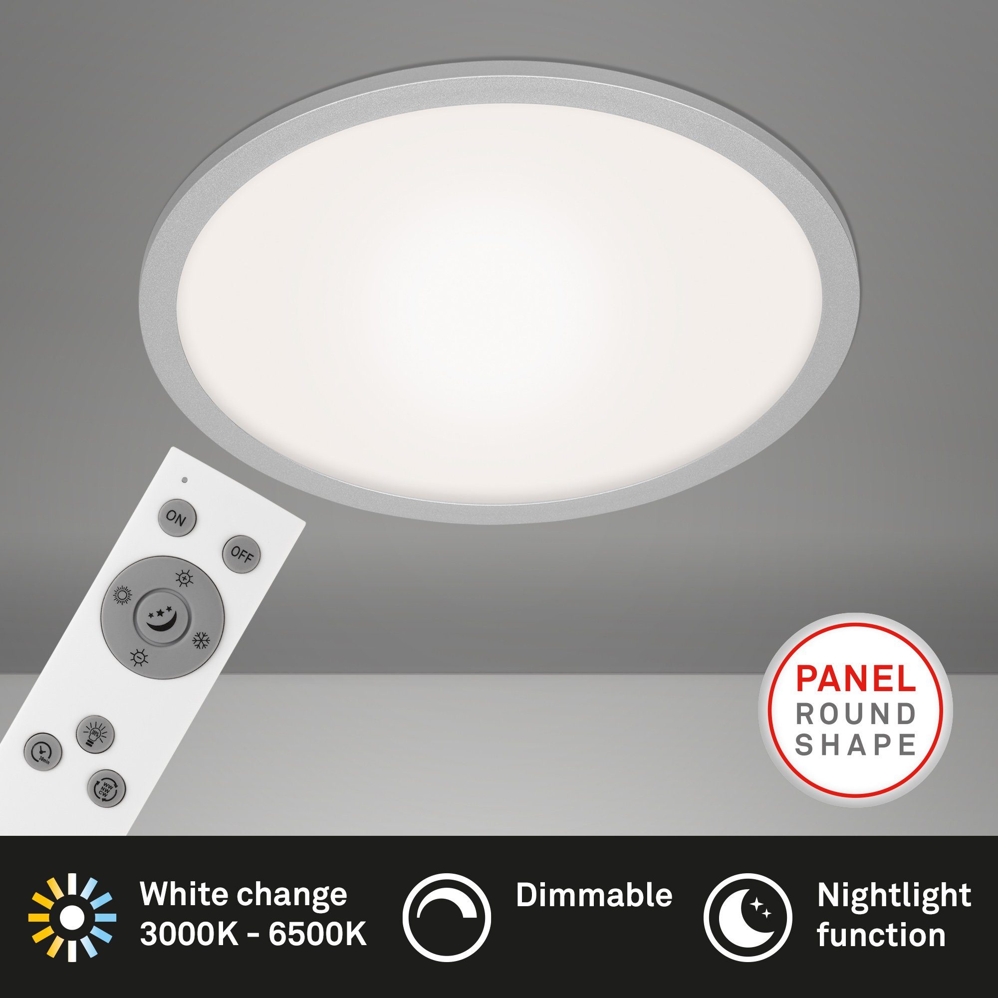 Briloner Leuchten LED Panel 7168-014, CCT Farbtemperatursteuerung,  Fernbedienung, dimmbar, ultraflach, Nachtlicht, LED fest verbaut, Kaltweiß,  Neutralweiß, Tageslichtweiß, Warmweiß, Deckenlampe, 40x6,2cm, Silber, 24W,  Wohnzimmer, Schlafzimmer, Küche