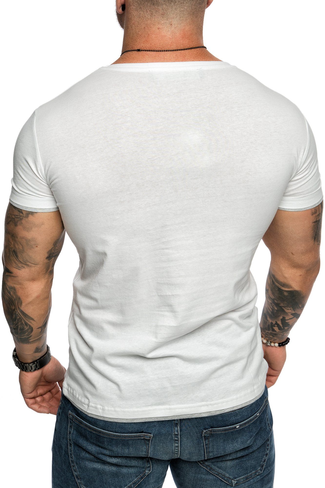 mit Slim-Fit Farbig Rundhalsausschnitt Shirt LAKEWOOD T-Shirt Doppel Herren Weiß/Grau Amaci&Sons Basic