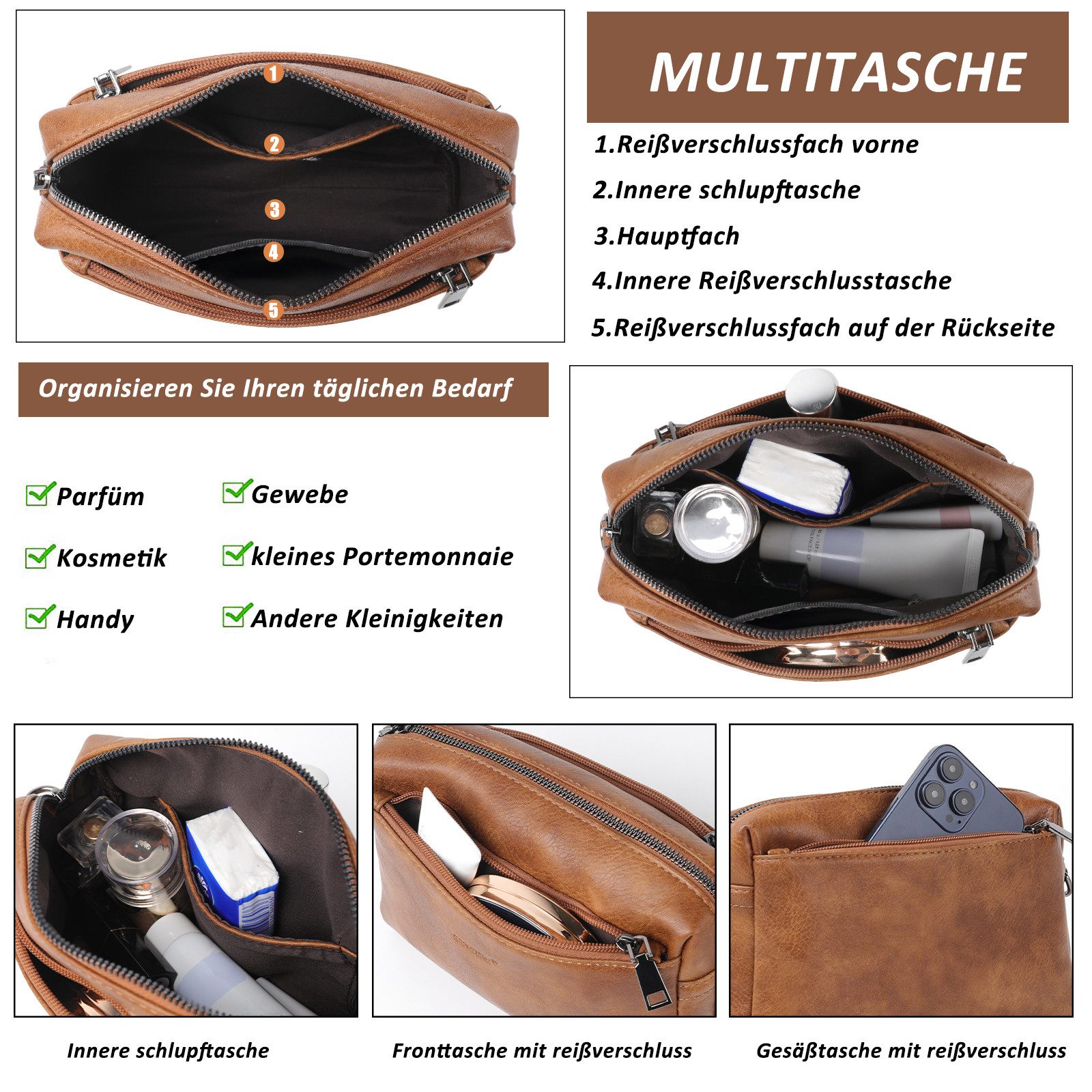 TAN.TOMI Umhängetasche Damen Handy Umhängetasche, Crossbody Schultertasche (Drei Reißverschlussfächern mit Verstellbar Abnehmbar Schultergurt), Handtasche Damen für Tägliches Arbeiten,Einkaufen,Reisen