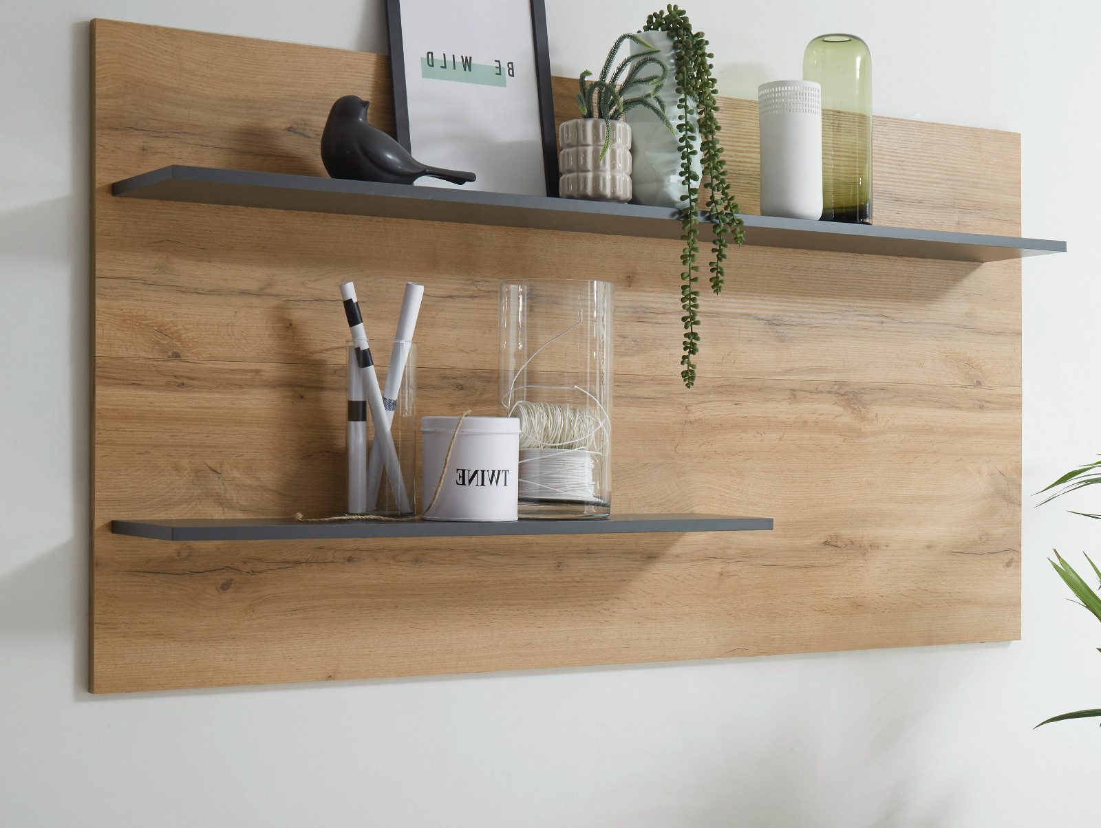 Furn.Design Wandregal Center, Wandpaneel in grau und Eiche, 2 Ablageböden günstig online kaufen