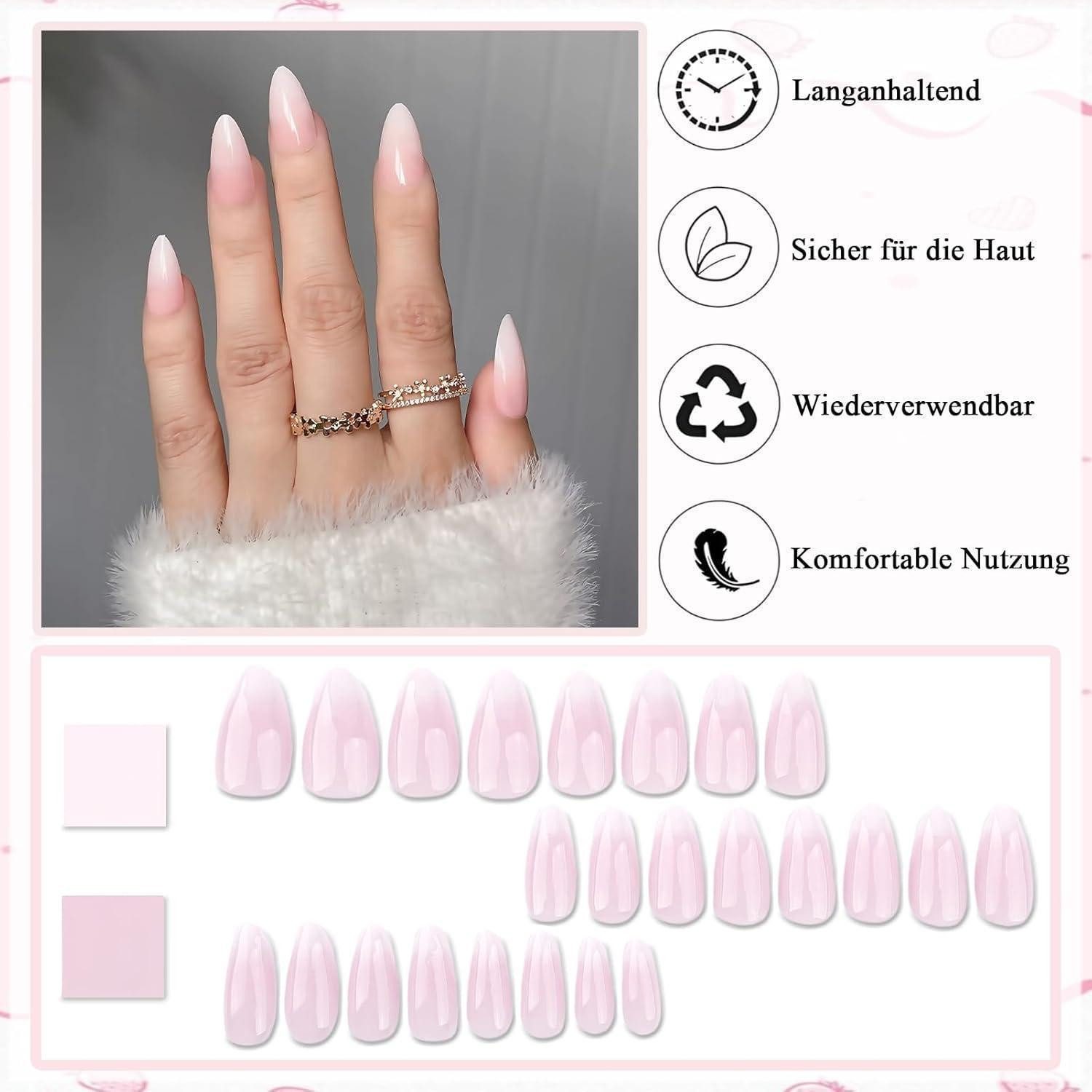 LuxusKollektion Kunstfingernägel Press On Nails 24 Almond Full Cover Pink White Ombre 1 ml (1er Pack) – Bild 3 von 5
