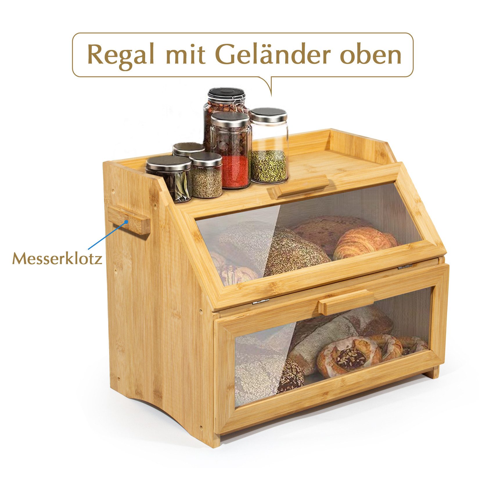 Zedelmaier Brotkasten Bambus Brotkasten mit 2 Etagen, großer Brotkasten, Bamboo, (Set, 1x Aufbewahrungsbox aus Bambus), mit Belüftung und Sichtfenster – Bild 4 von 5