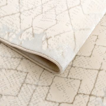 Designteppich Wohzimmer Teppiche, Mynes Home, hochwertig, Glanz-Viskose, Hoch Tief Strukturen, mit Fransen, Weiß, Cream