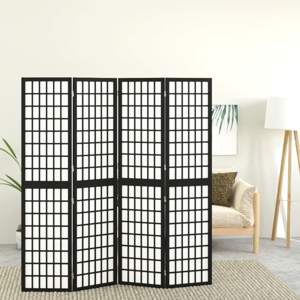 vidaXL Raumteiler 4-tlg. Paravent Japanischer Stil Faltbar 160x170 cm Schwarz, 1-tlg.