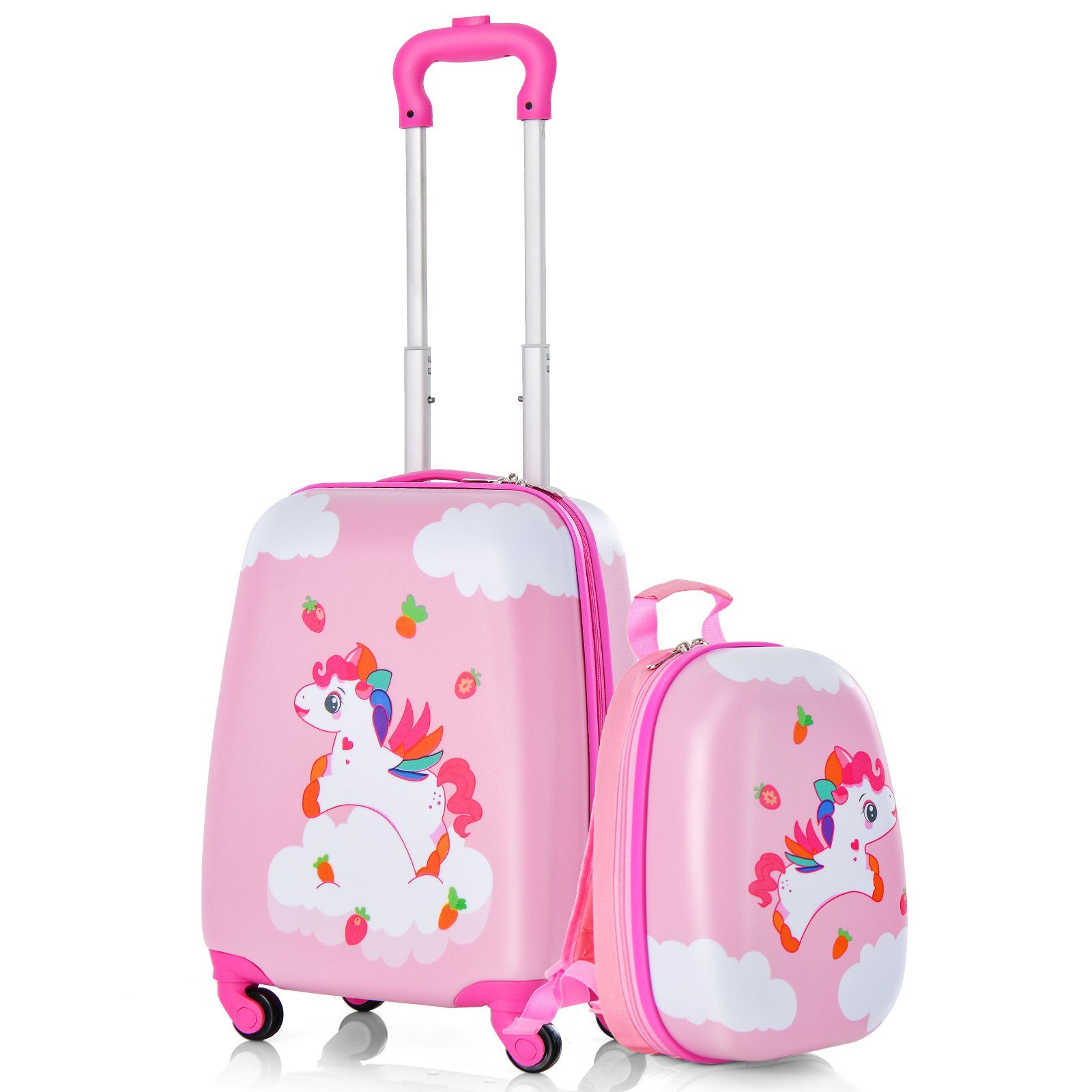 Kindertrolley COSTWAY Rucksack, mit Kinderkoffer rosa Einhorn 12"+16"