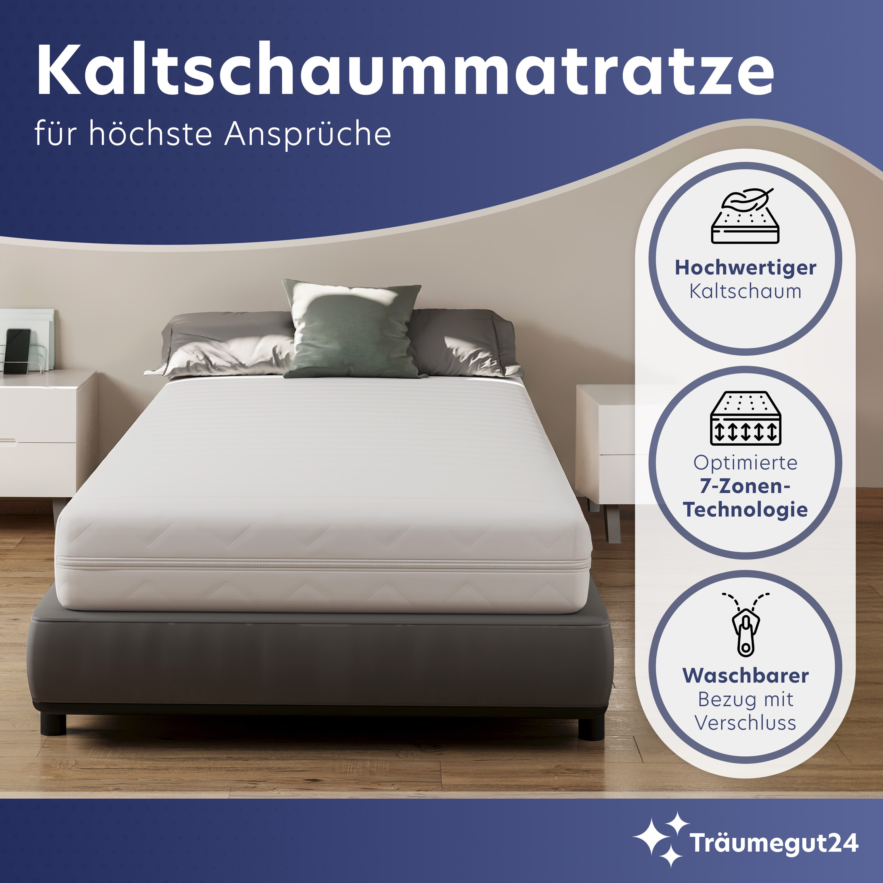 Kaltschaummatratze 7-Zonen mit zwei Liegeseiten - 90x200 120x200 140x200 160x200 180x200, Träumegut24, verschiedene Größen, Höhen und Härtegrade