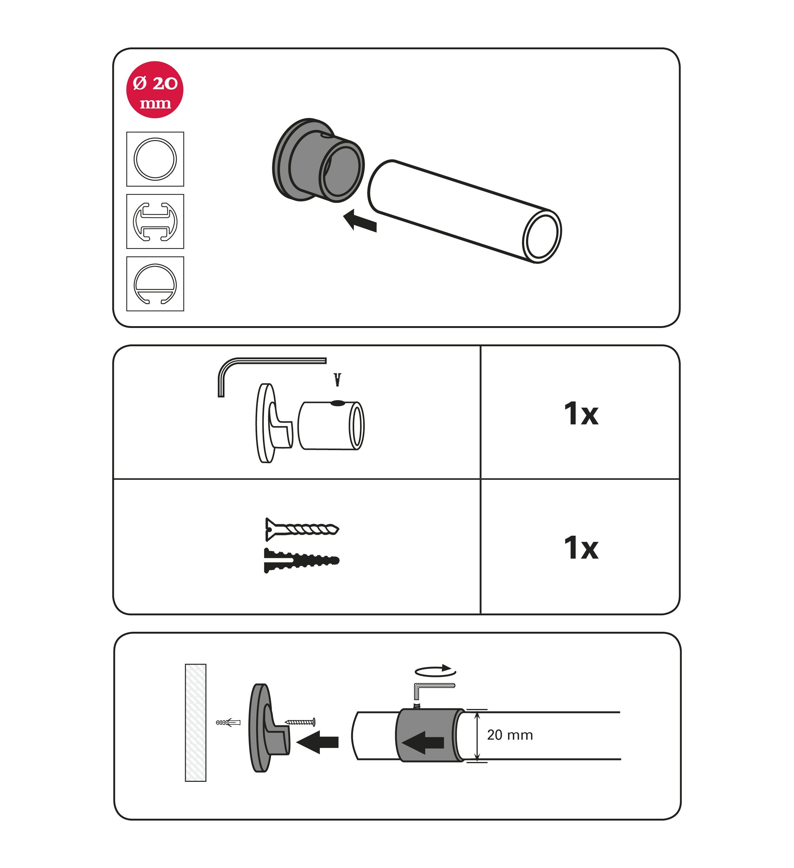 Wandbefestigung Nischenträger für Gardinenstangen, Einzelprogramm 20 mm Ø GARDINIA, schwarz Chicago (1-St), Serie