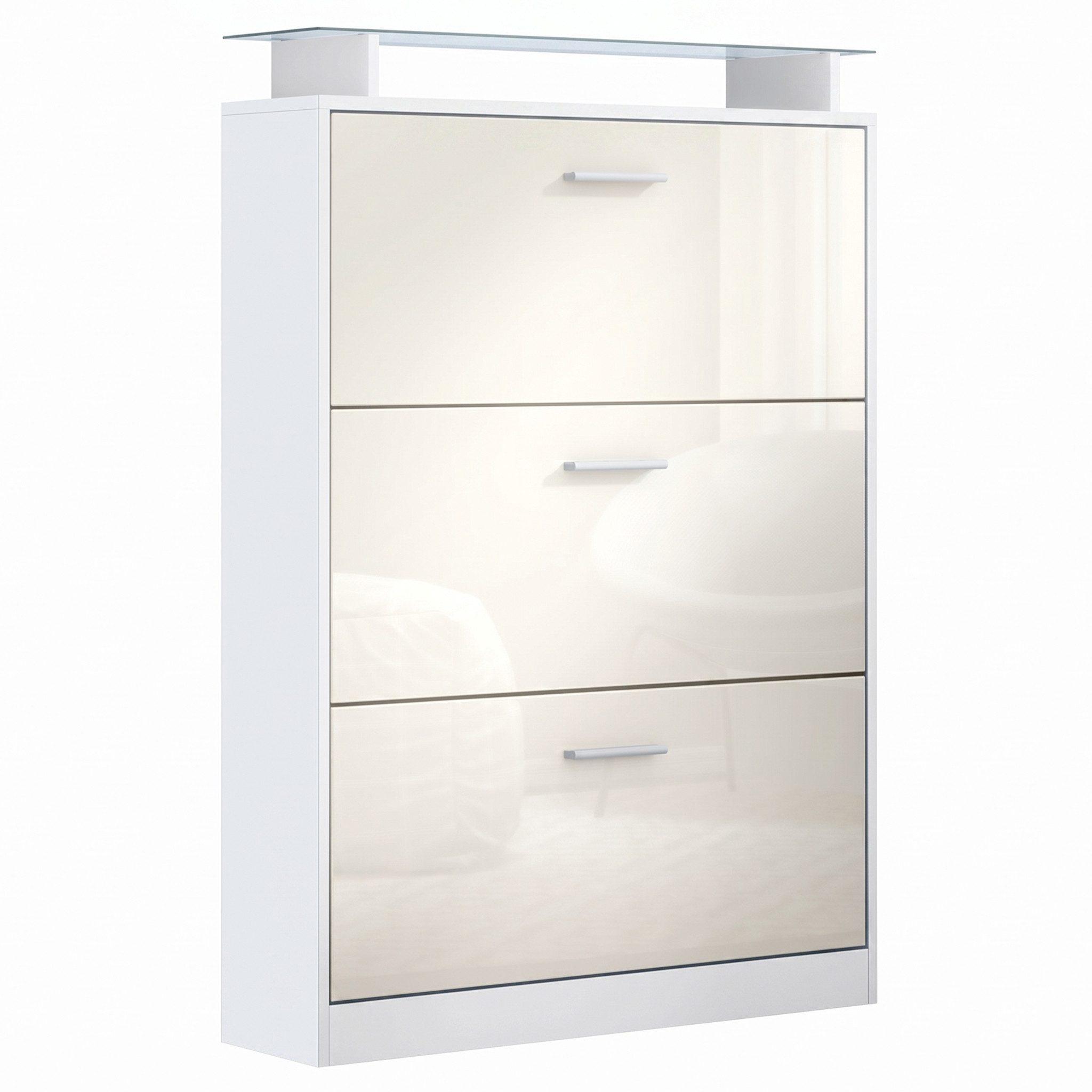 Vladon Schuhschrank Lavia (Schuhkipper, für 24 Paar Schuhe mit 3 Klappen und Glasablage) Weiß matt/Creme Hochglanz (89 x 128 x 23 cm)