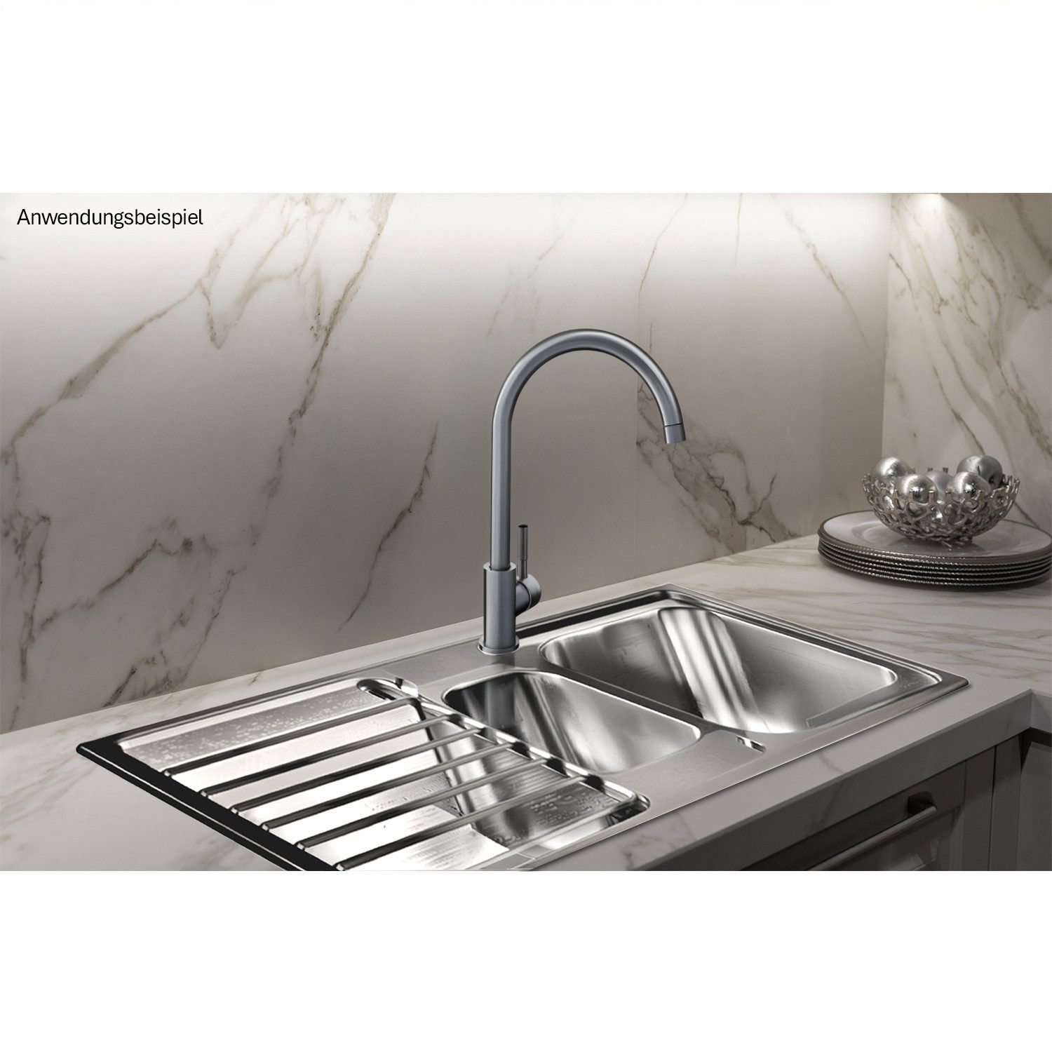 Stabilo Sanitär Einbauspüle Einbauspülbecken Chrom eckig aus Edelstahl mit Zusatzbecken links, 97/50 cm, (Komplett-Set, komplettem Siphon inkl. Befestigungsmate – Bild 2 von 5