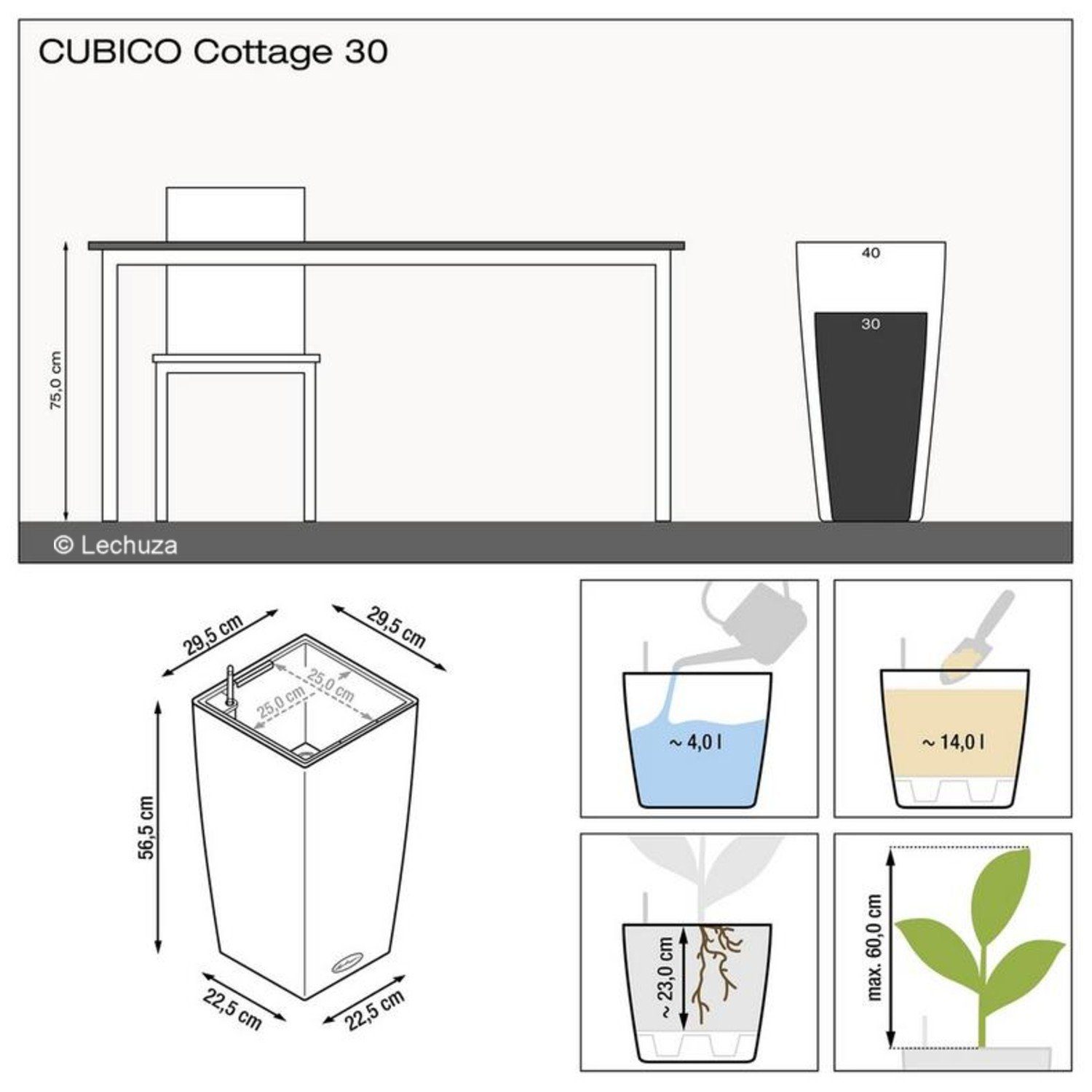 Lechuza® Pflanzkübel Pflanzgefäß Cubico Cottage 30 granit