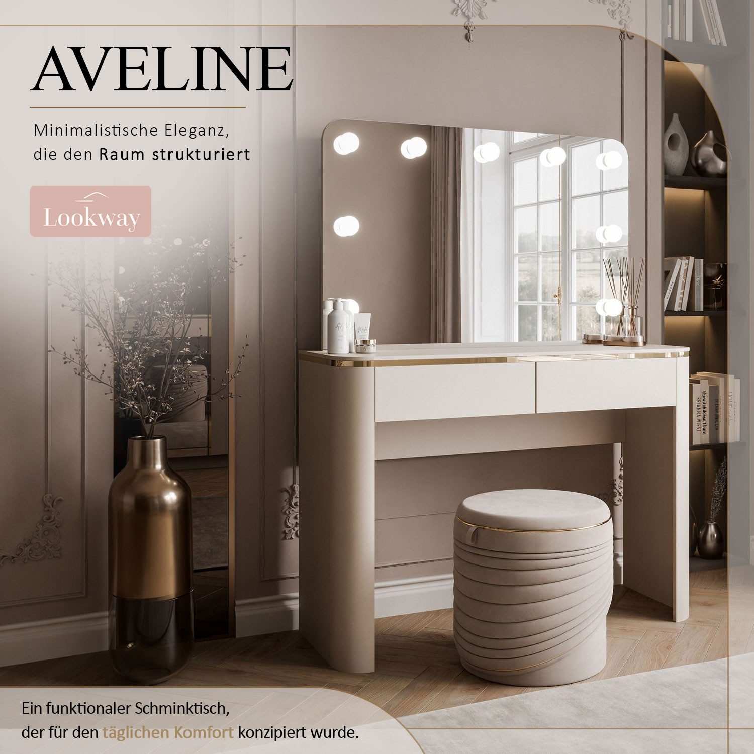 Lookway Schminktisch AVELINE mit Spiegel und LED-Beleuchtung, 110x46x145 cm – Bild 2 von 5