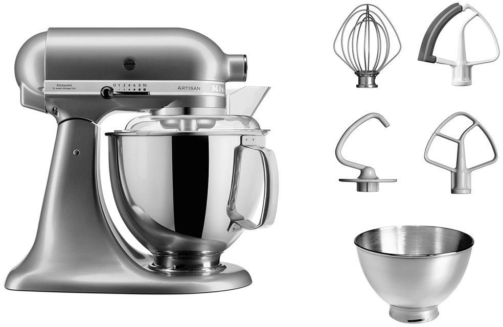 KitchenAid Küchenmaschine 5KSM175PSECU Contour Silver, 300 W, 4,8 l Schüssel, mit Zubehör im Wert von ca. 112,-€ UVP