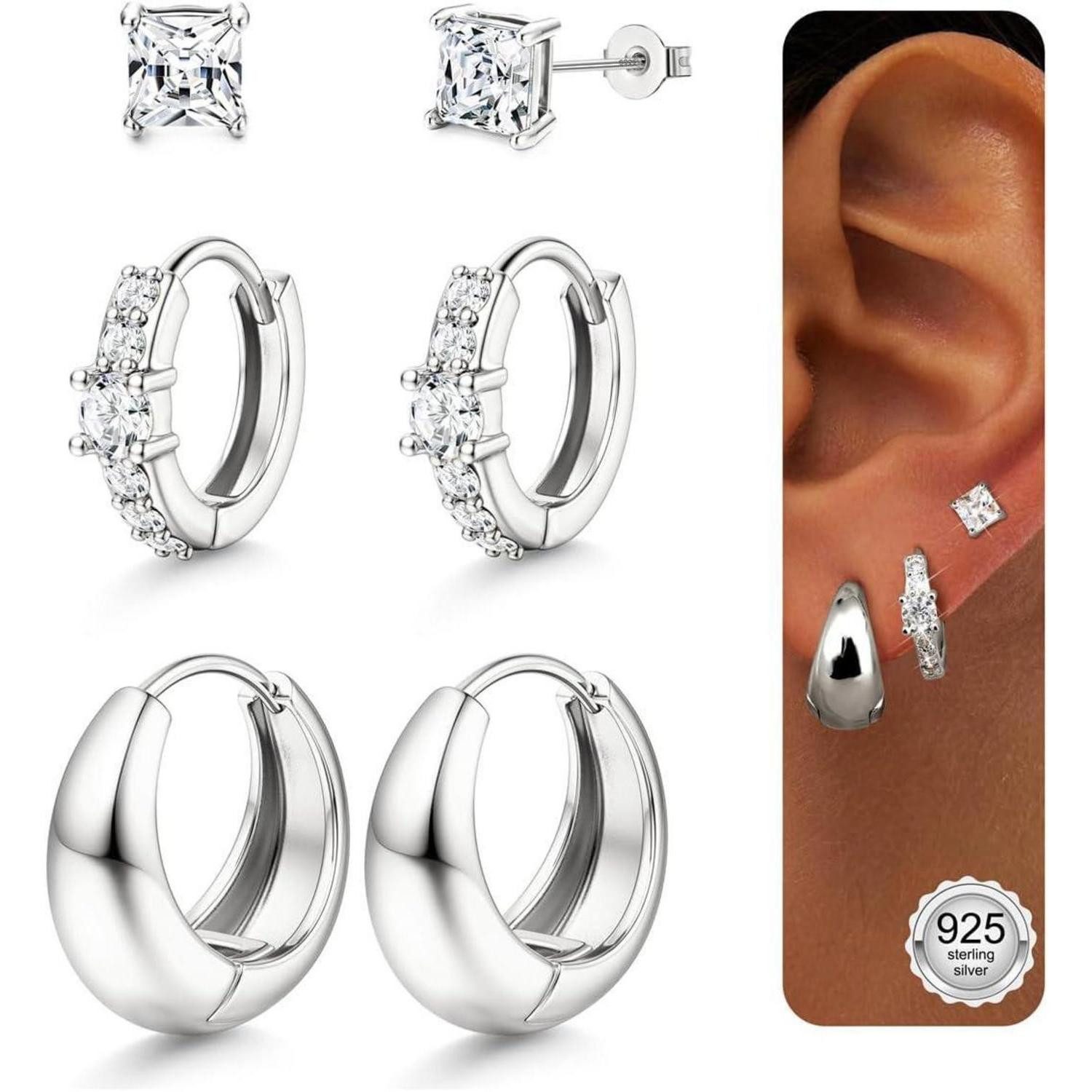 Ohrring-Set Ohrringe 3 Paar 14K Gold Silber 925 Ohrstecker Creolen Silber-F