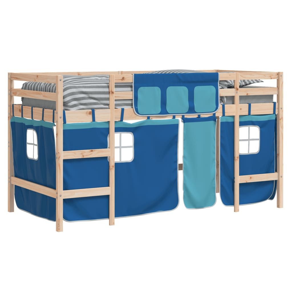 vidaXL Bett Kinderhochbett mit Vorhängen Blau 80x200 cm Massivholz Kiefer