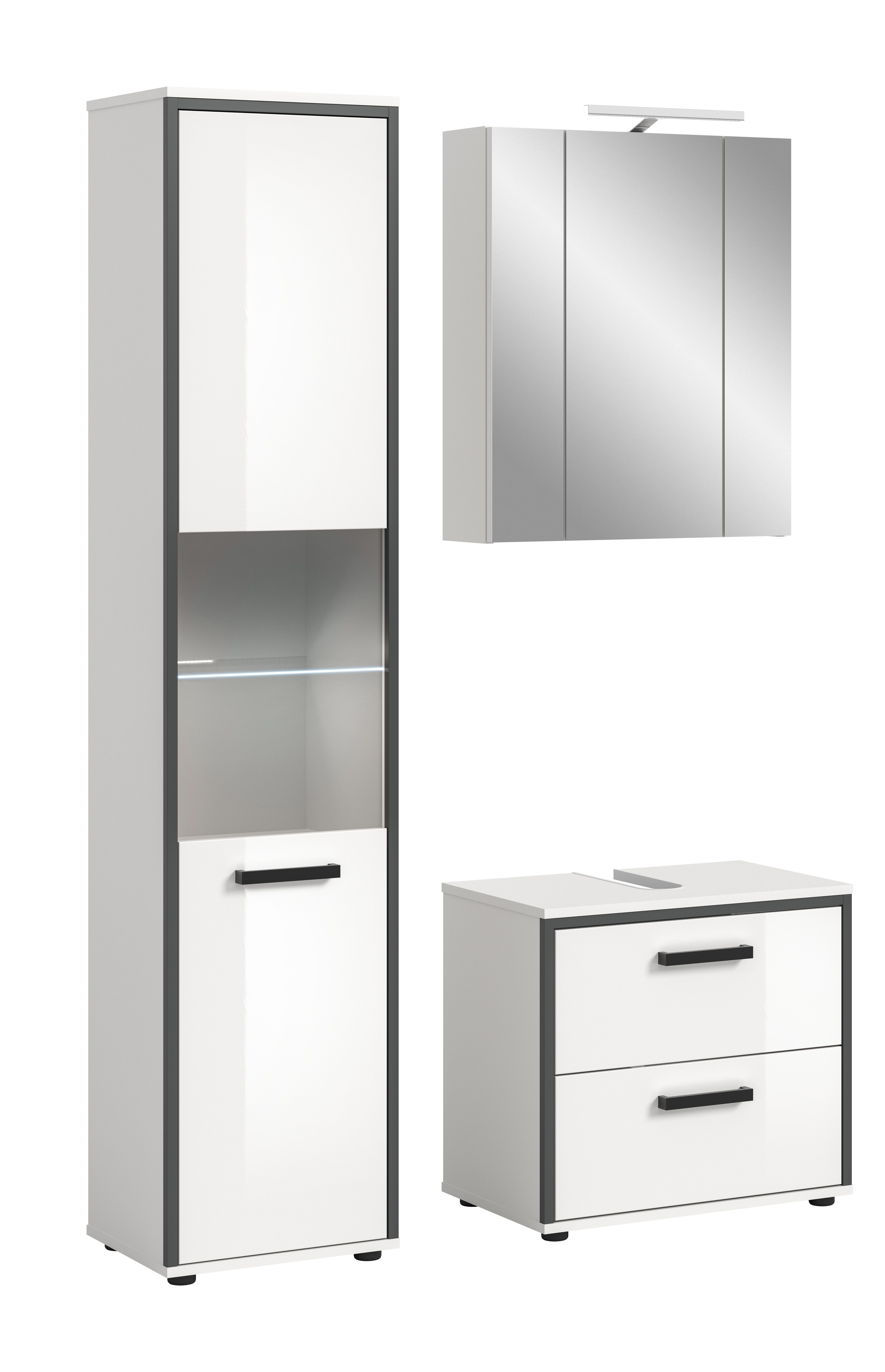 welltime Badmöbel-Set KAJO, 3-tlg. Badkombination, weiß hochglanz, inkl. Beleuchtung, (Set, 5-St., Set, best. aus: Hochschrank, WBU, Spiegelschrank, Beleuchtung), Bad-Kombination,Bad-Möbel,Badezimmer,Kombinationen,Kombi