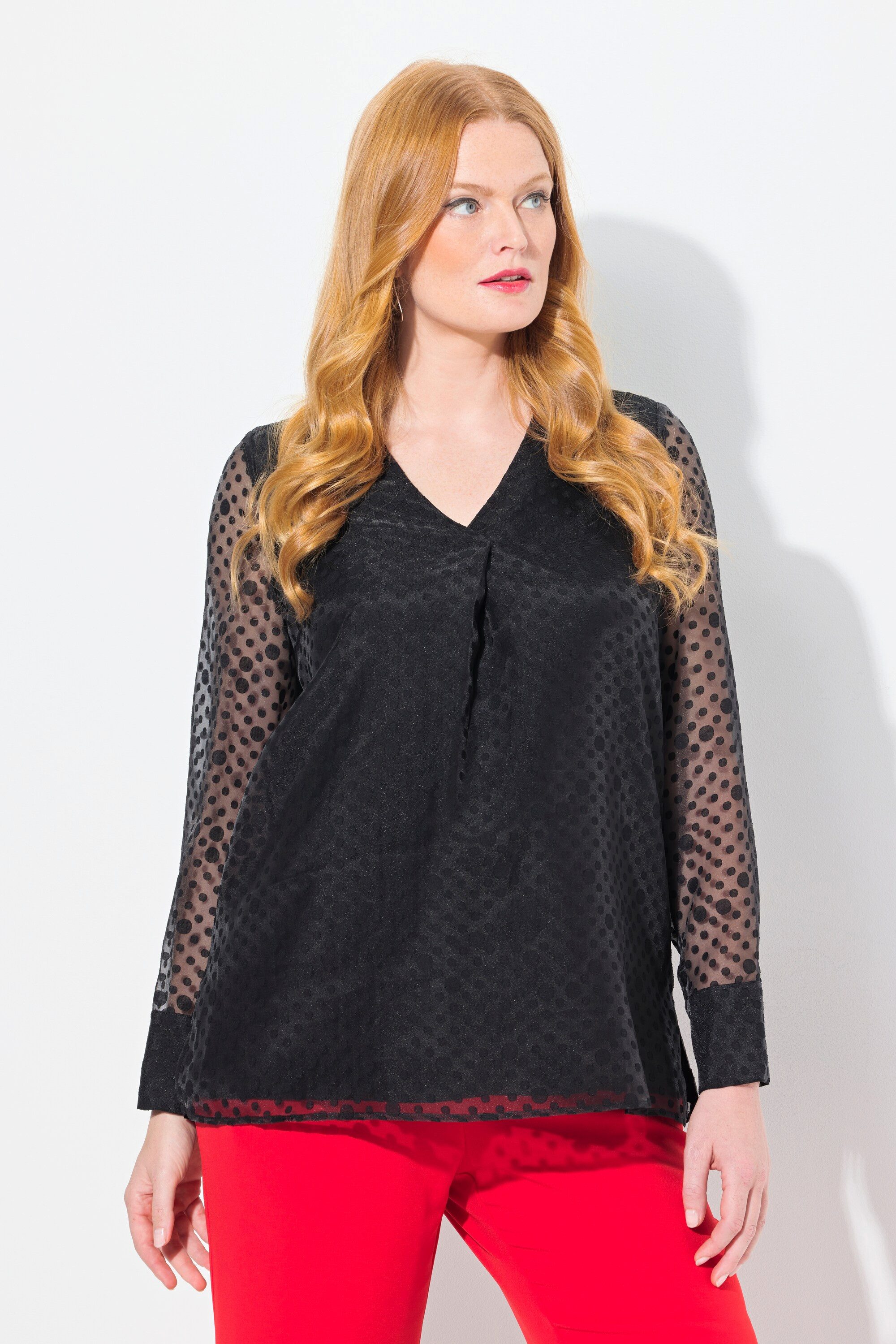 Druckbluse Blusenshirt Punkte doppellagig V-Ausschnitt
