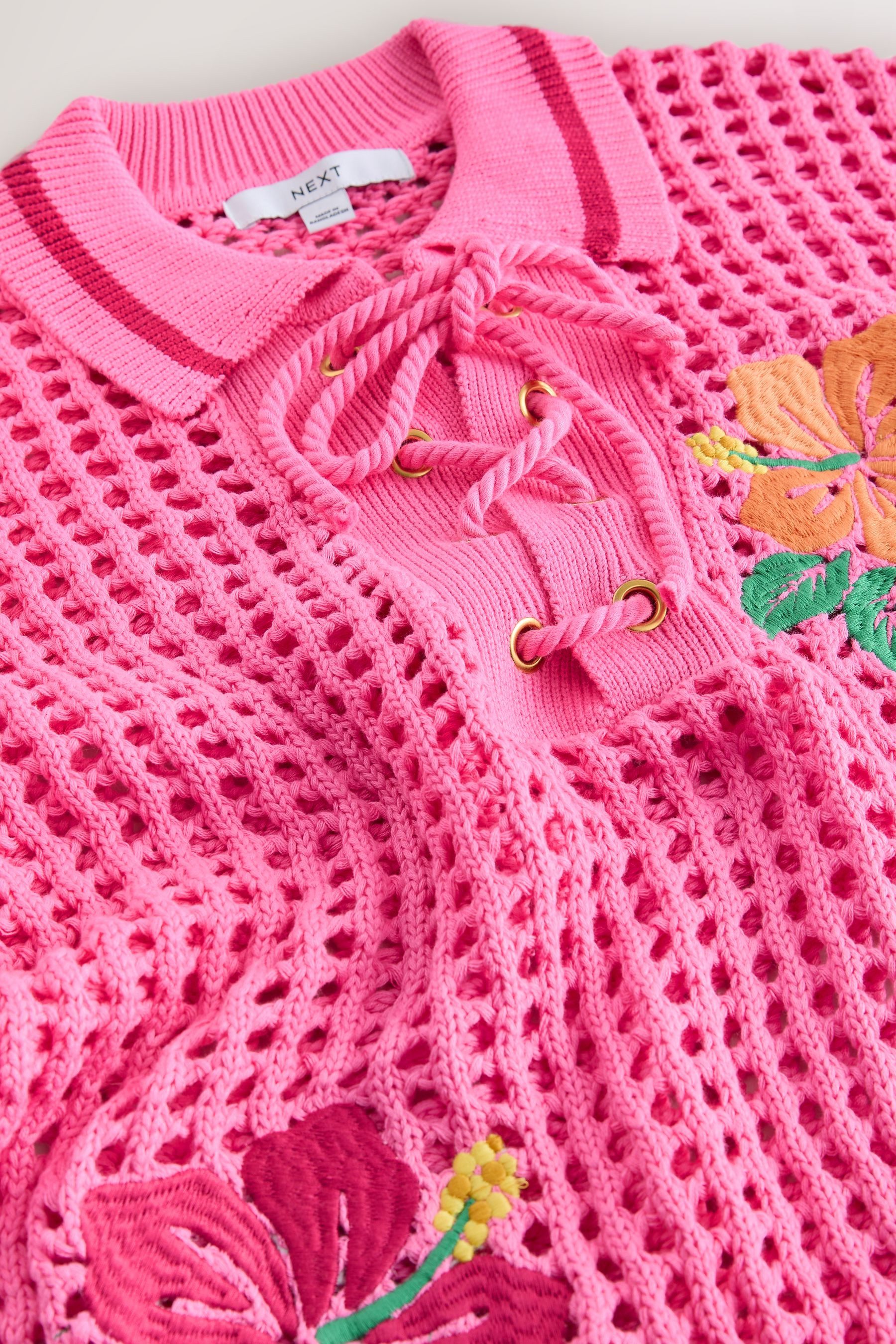 Next Poloshirt Geschnürtes Polo-Oberteil mit Print, Mesh + Strick (1-tlg)