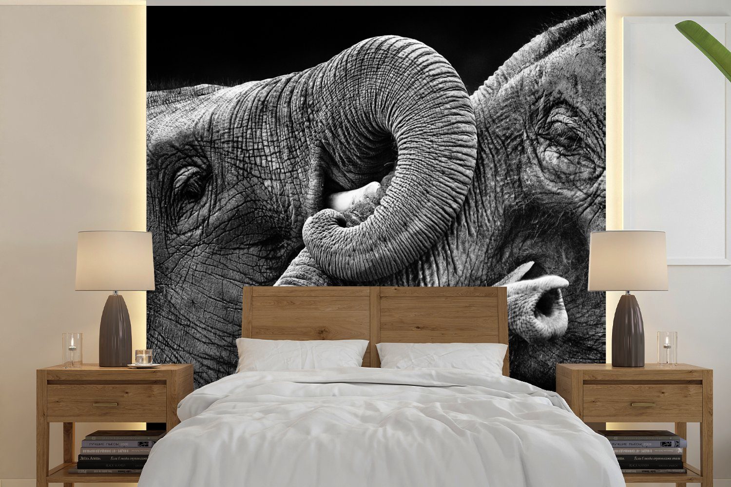 MuchoWow Fototapete Knuddelige Elefanten in Schwarz und Weiß, Matt, bedruckt, (4 St), Vliestapete für Wohnzimmer Schlafzimmer Küche, Fototapete