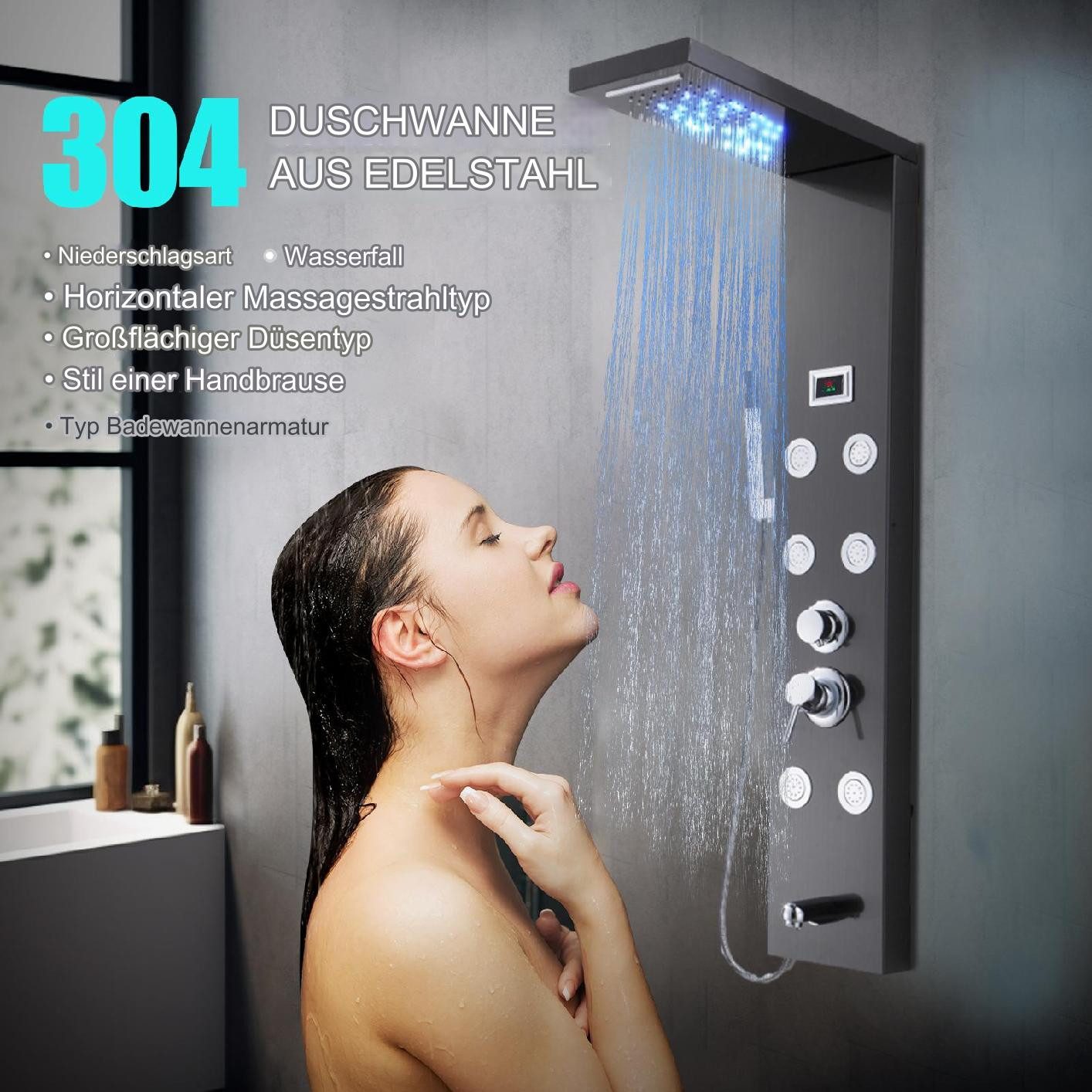 Vellora Duschsystem 304 Edelstahl Duschabtrennung, Schwarz, mit Temperaturanzeige, G1/2", 5 Strahlart(en), Riffel-Nickel-Verarbeitung, 1 tlg., Wasserstromerzeugung, 5 Arten von Wasserabgabemodi