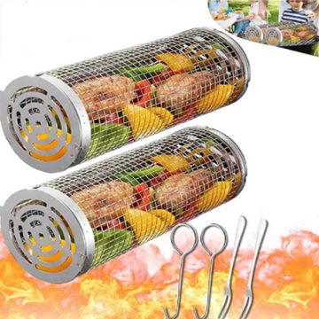 KÜLER Barbecueteller Grillrohr, Edelstahl 304, rollender Grillkorb, rund Grill-Netz, Grillkegel mit Gabelhaken, Grillnetzrohr für den Außengrill