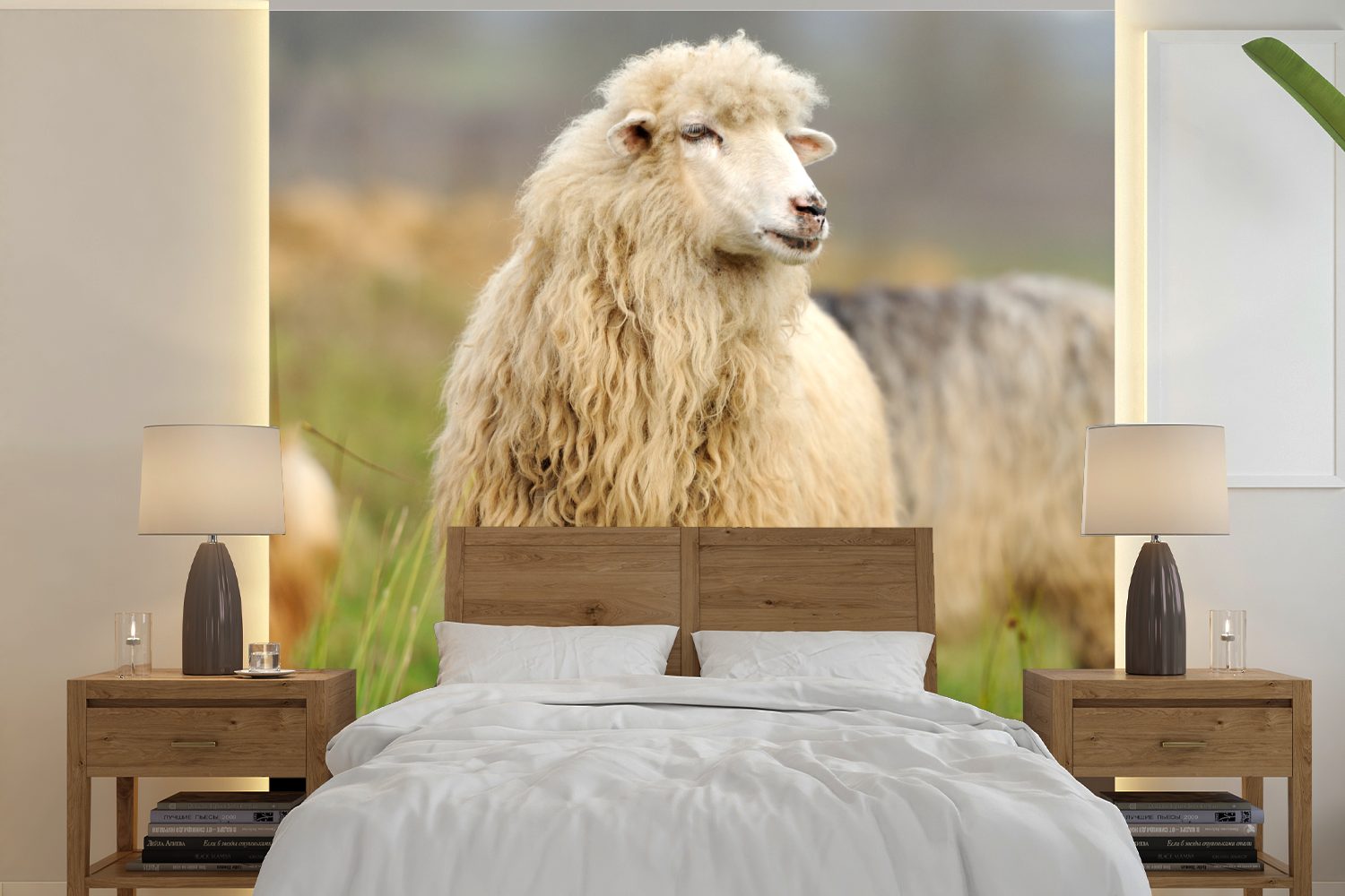 für St), MuchoWow Gras, Wohnzimmer bedruckt, (5 Tapete Schafe Matt, Wandtapete Schlafzimmer, Wolle - oder Fototapete Vinyl -
