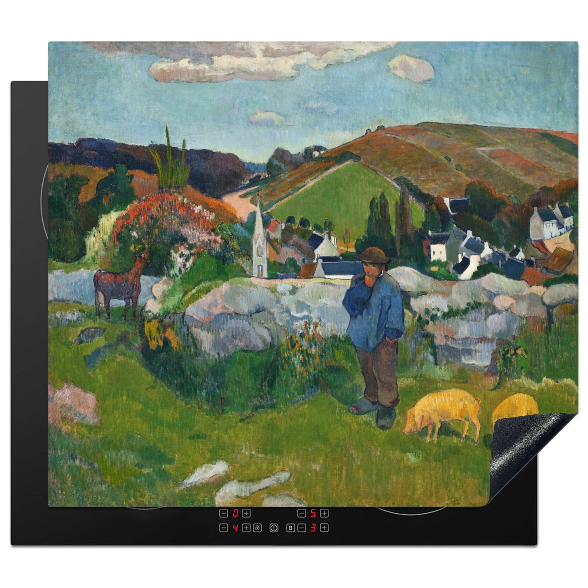 MuchoWow Herdblende-/Abdeckplatte Wildschweinzüchter in der Bretagne - Gemälde von Paul Gauguin, Vinyl, (1 tlg), 60x52 cm, Mobile Arbeitsfläche nutzbar, Ceranfeldabdeckung