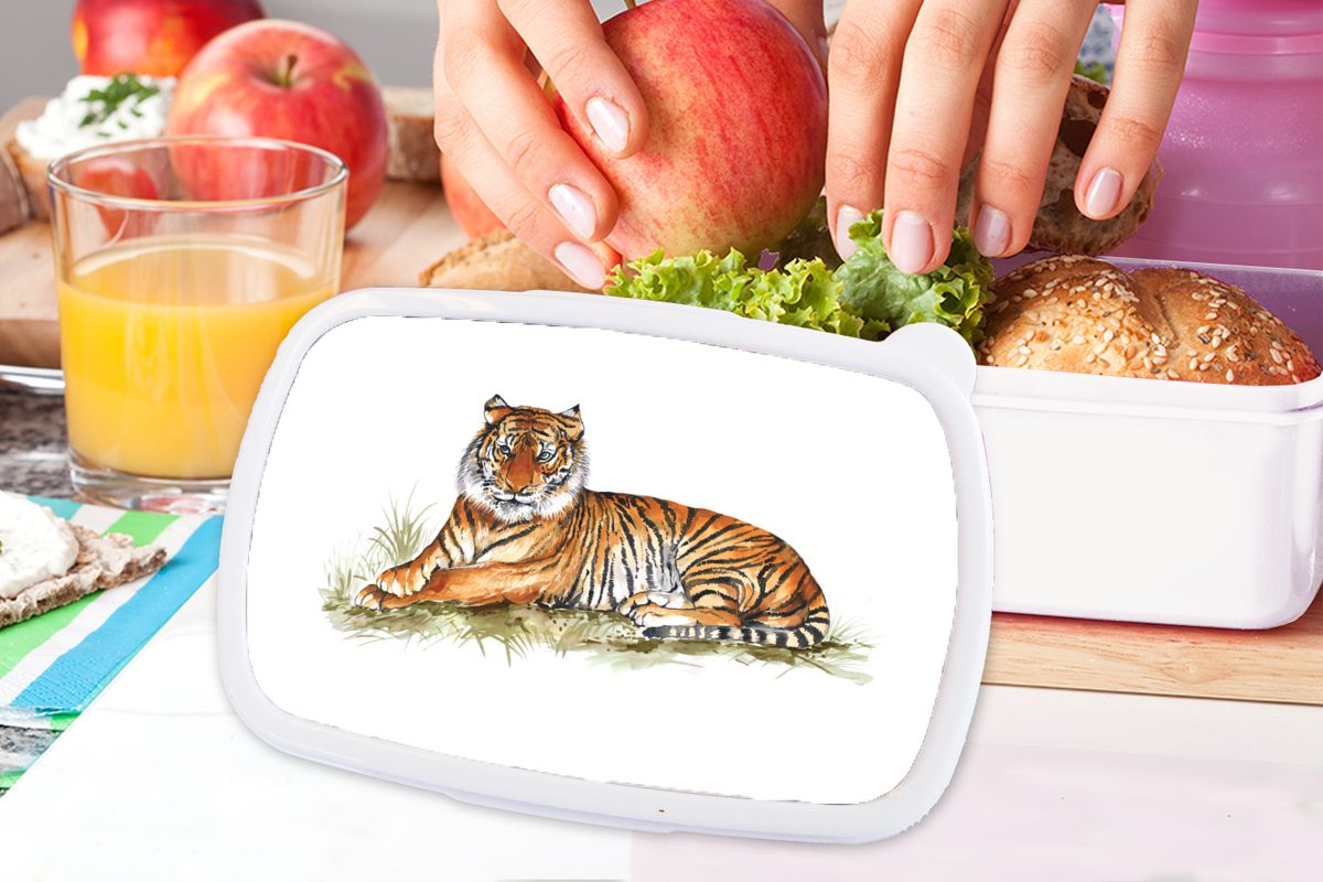 MuchoWow Lunchbox Tiger - Gemälde Brotdose, Erwachsene, - Brotbox (2-tlg), und Jungs für Kunststoff, Orange, Kinder für und Mädchen weiß