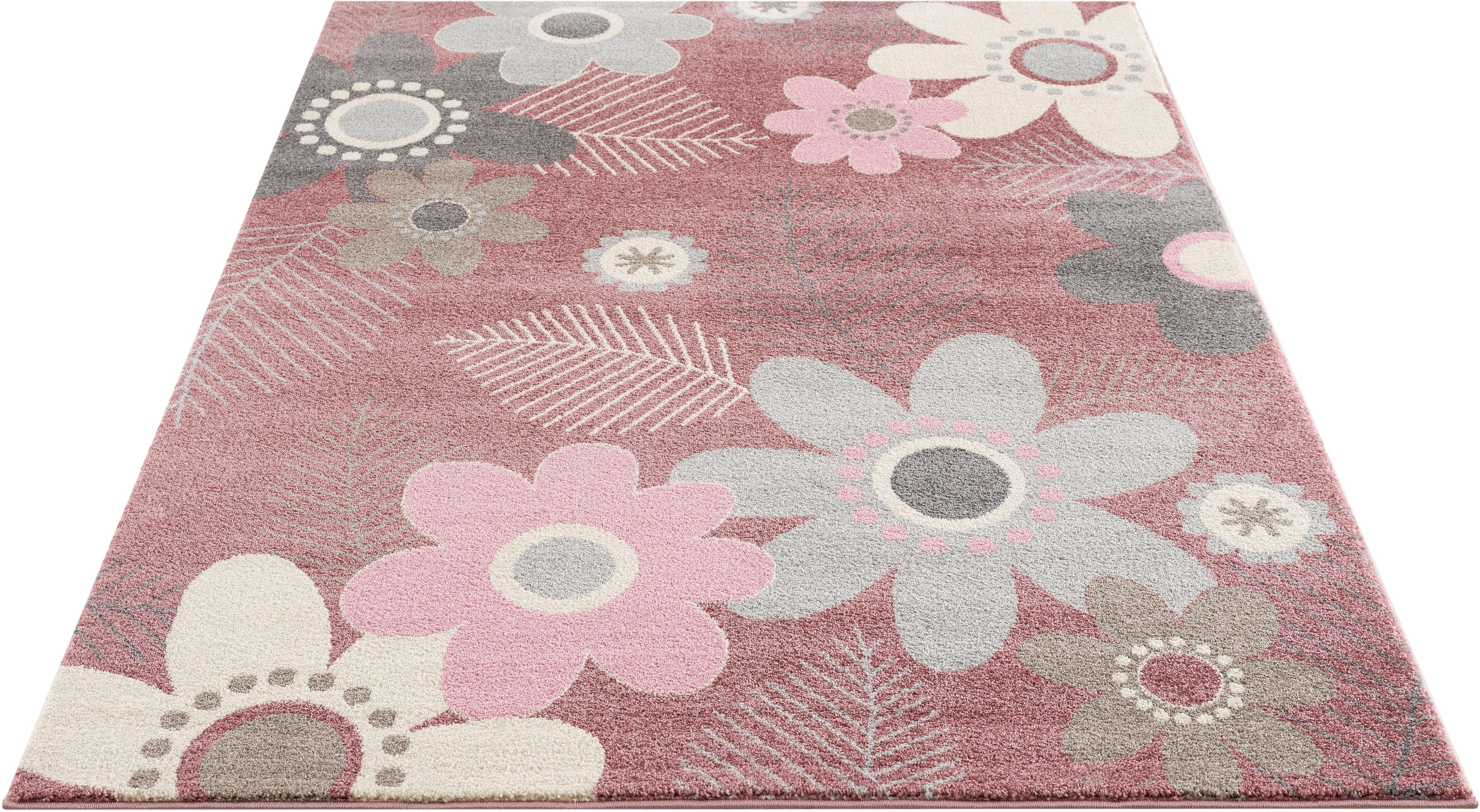 Kinderteppich Johanna, Lüttenhütt, rechteckig, Höhe: 14 mm, Design mit Blumen, ideale Wende-Teppiche fürs Kinderzimmer | Kurzflor-Teppiche