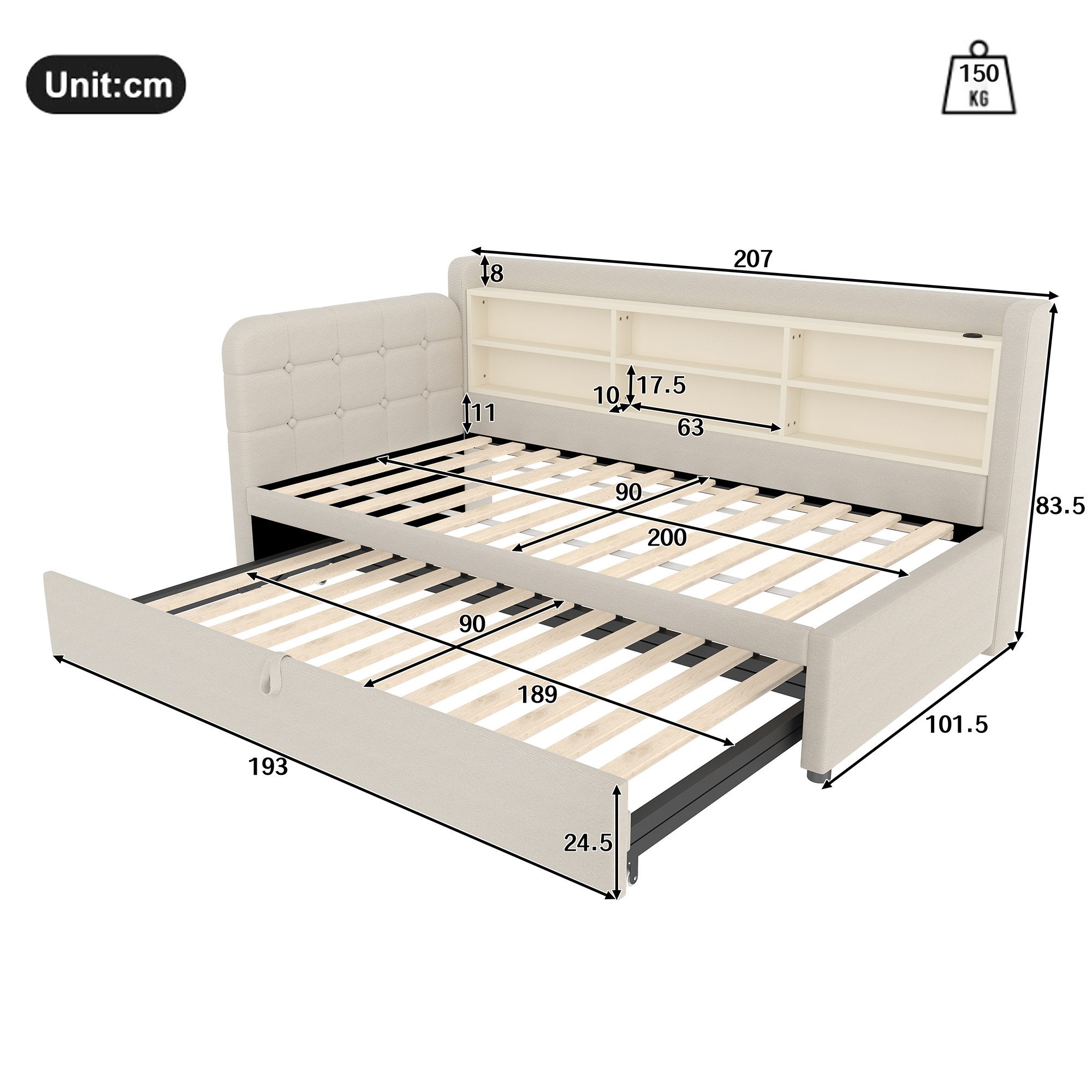 Merax Daybett 90x200cm/180x200cm mit Ausziehbett (Retro-Knopfdesign, Sofabett Kinderbett Polsterbett, 1 tlg), Tagesbett Schlafsofa mit Ablageflächen USB /Typ-C-Anschlüssen, Leinen