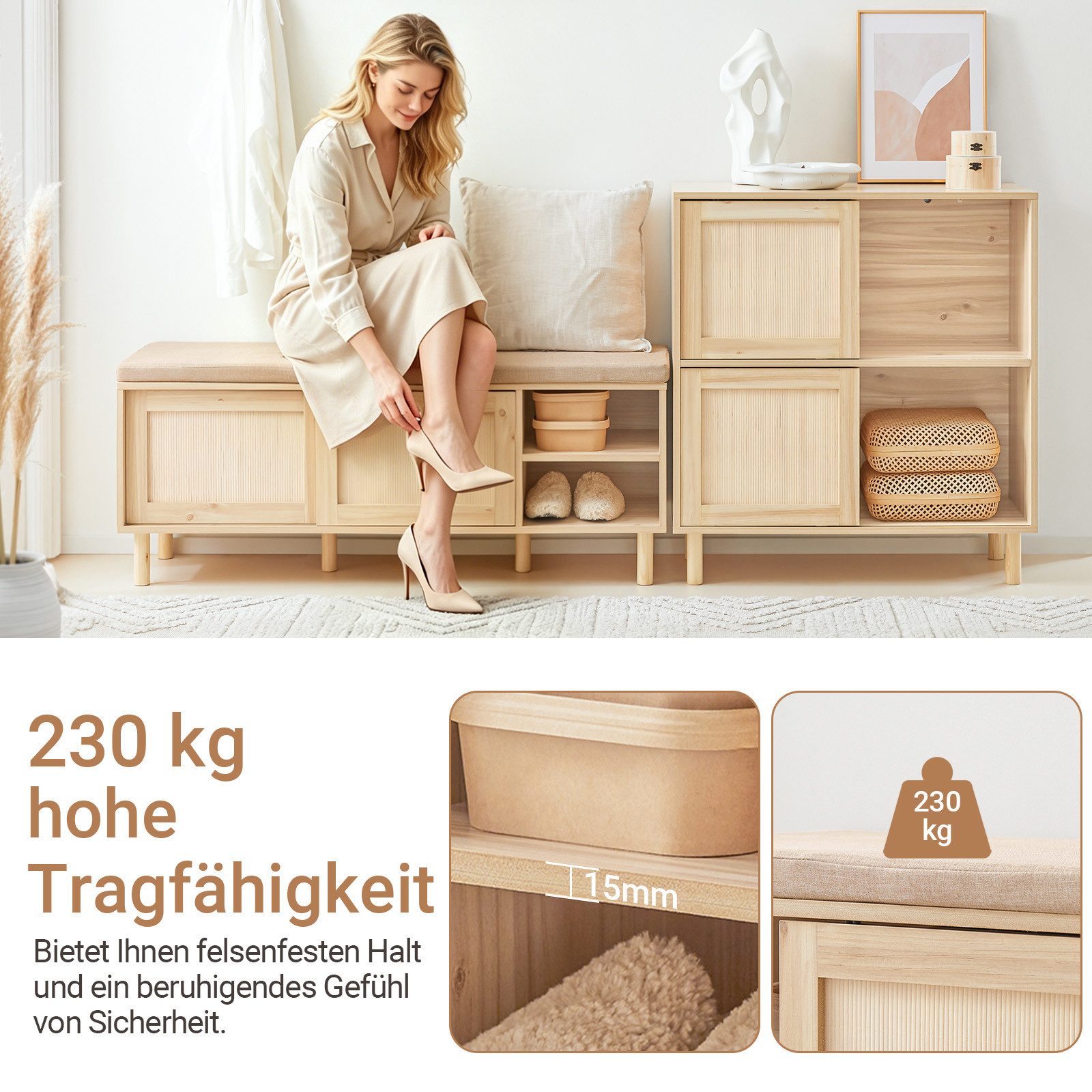 SoBuy Schuhbank FSR163, Schuhschrank mit Sitzbank, Schuhbank mit Sitzkissen Schuhregal, für stilbewusste Familien im Eingang Flur Wohnzimmer, 230kg Belastbar