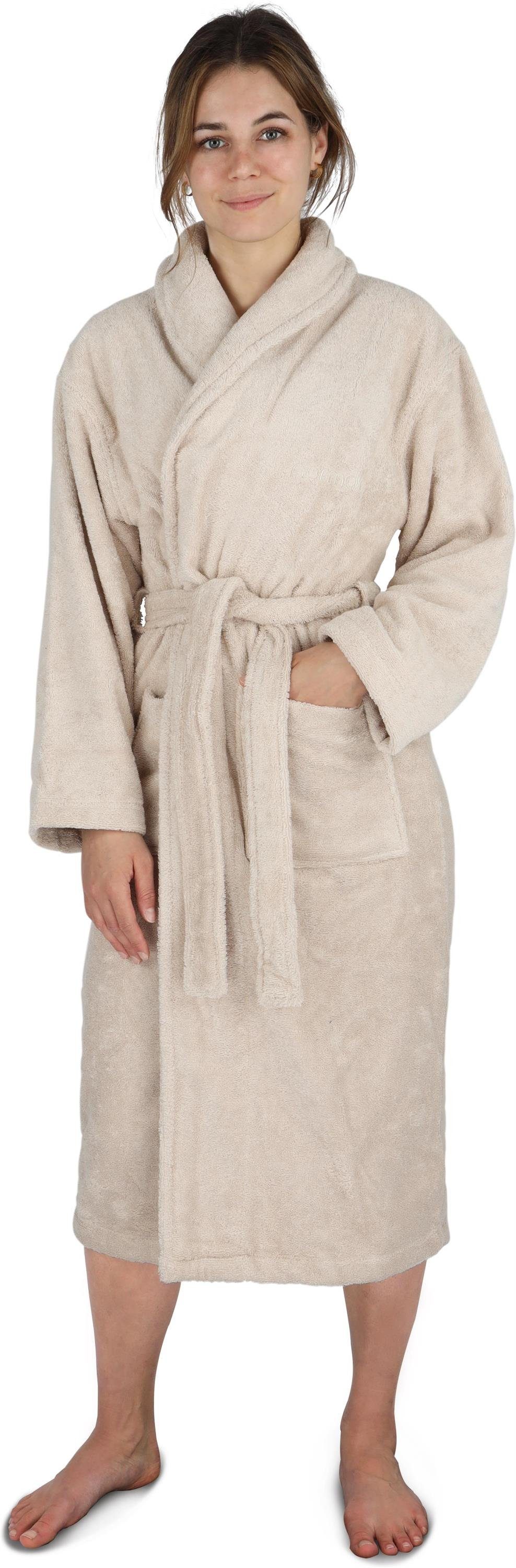 normani Damenbademantel Damen Baumwoll Bademantel, 125, Bio-Baumwolle, Schalkragen, Bindegürtel, Langer Frottee Saunamantel aus extra dickem und weichem Material Beige | Damen Bademäntel