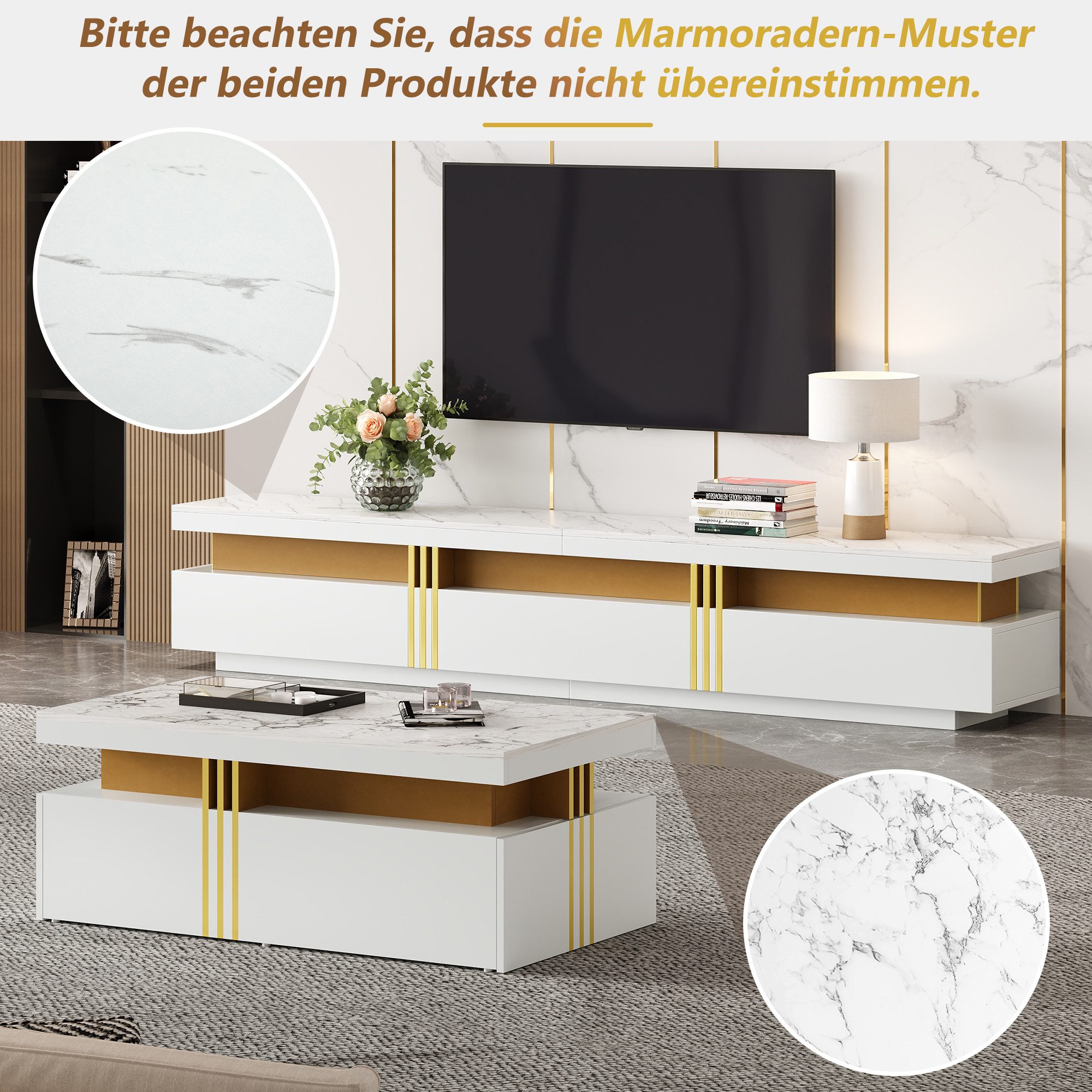 IDEASY Wohnzimmer-Set (2 St) Wohnzimmer Möbel, Moderner Luxus TV- Schrank und Couchtisch-Set, Marmorfurnier, geeignet für TVs bis 90", 200x40x42 cm & 100x50x40 cm