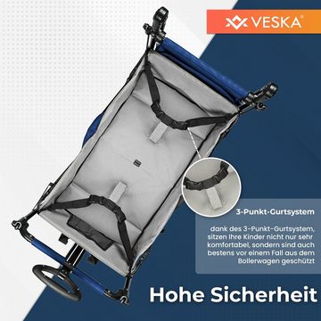 VESKA Bollerwagen faltbar mit Dach Handwagen Transportwagen, 2-Sitzer 3-Punkt Gurtsystem, klappbar, Vollgummi-Reifen, bis 80 kg, Vorder- und Hinter-Bremse