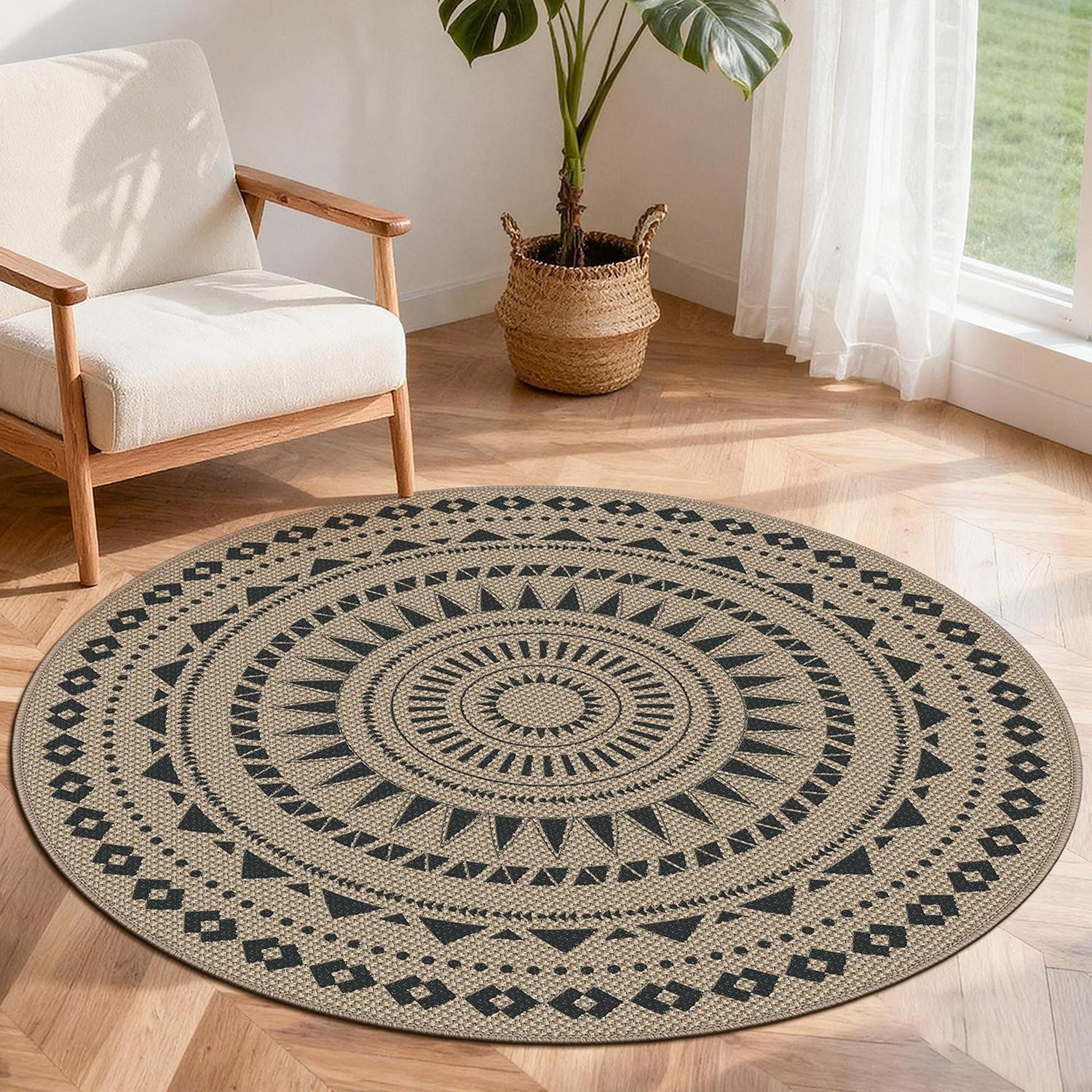 LuxusKollektion Outdoorteppich Teppich rund 120cm Jute Optik Braun Schwarz, rund, Höhe: 10 mm